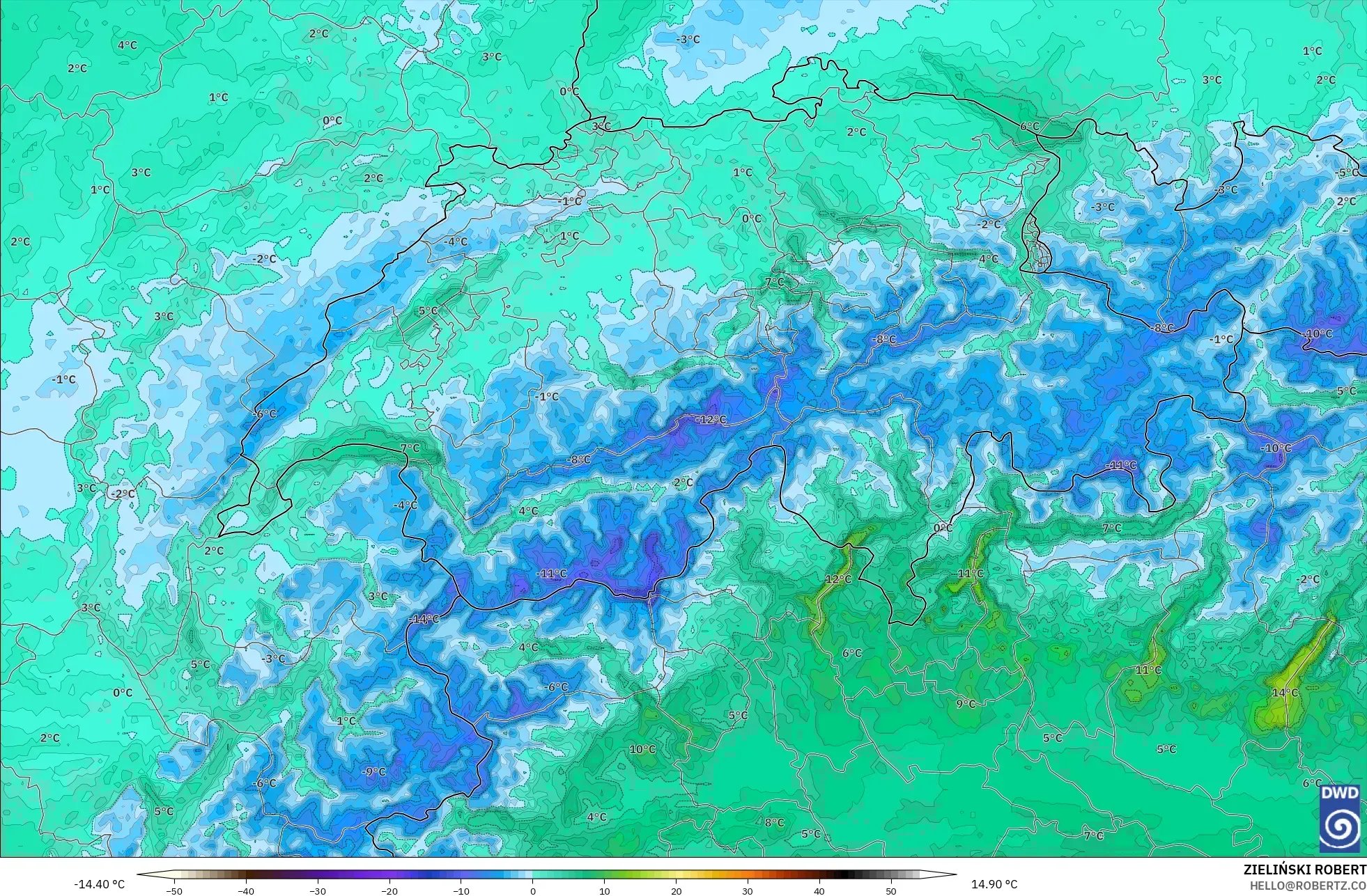 ICON Alemanha 2 km modelo - Suíça, Temperatura a 2 m