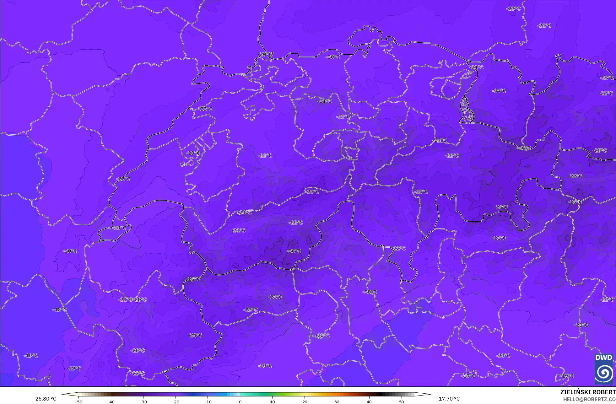 ICON Alemanha 2 km modelo - Suíça, Temperatura a 500 hPa
