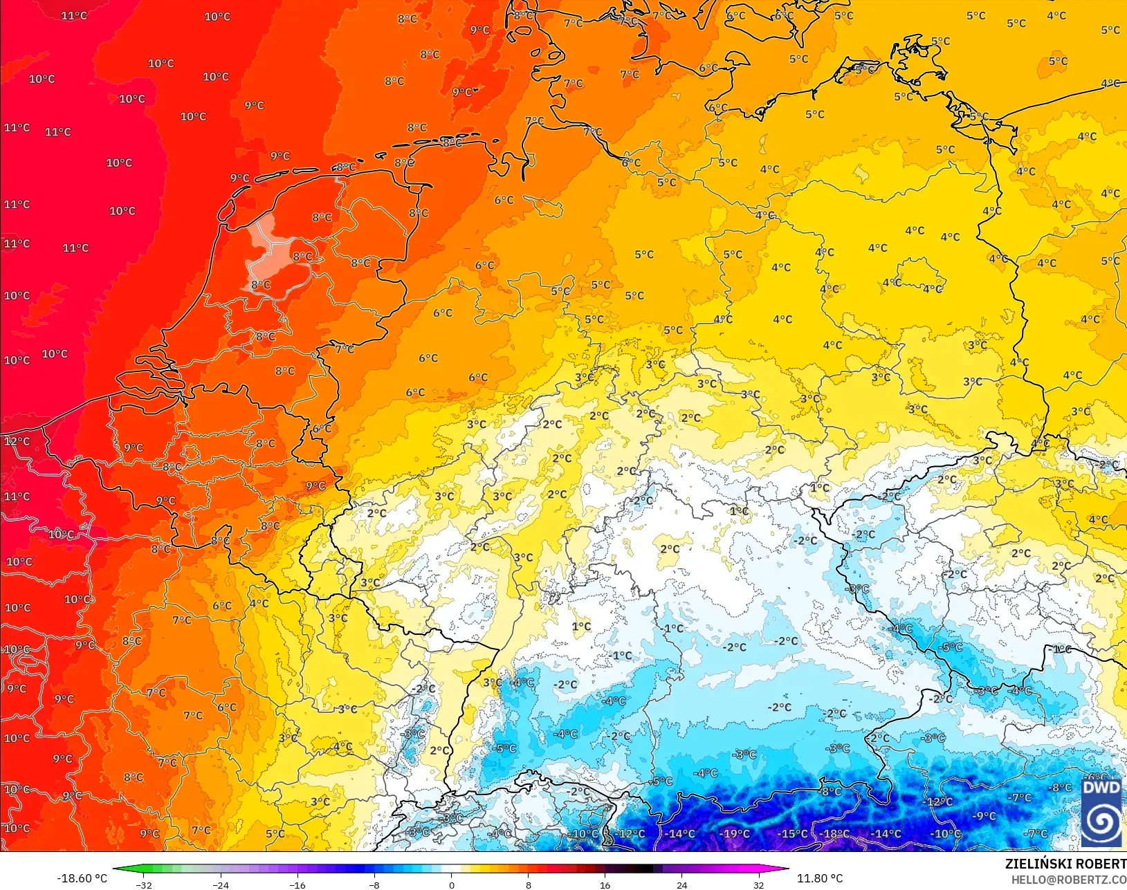 ICON Alemanha 2 km modelo - Alemanha, Anomalia de temperatura a 850 hPa