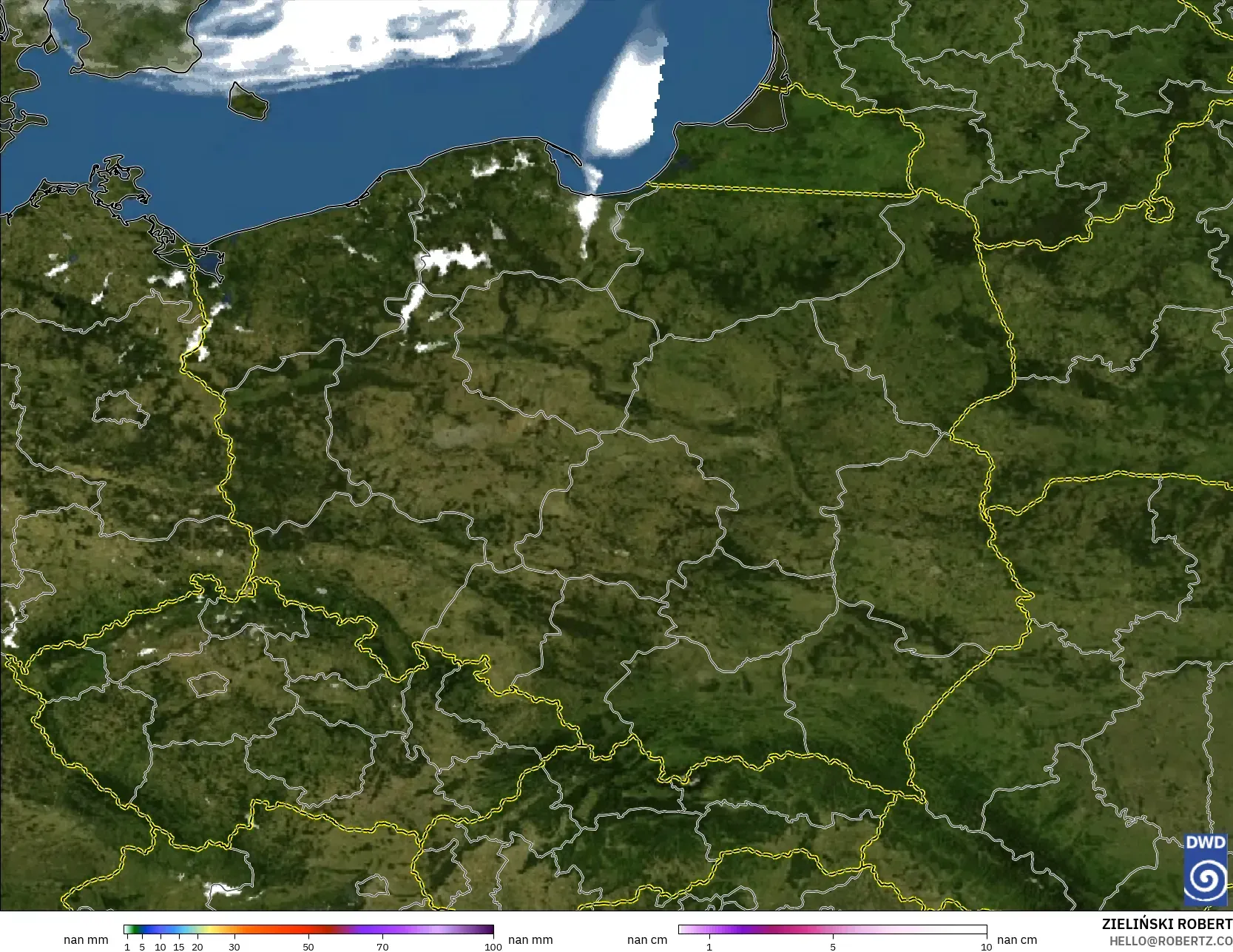 ICON Alemanha 2 km modelo - Polônia, Precipitação, nuvens e pressão