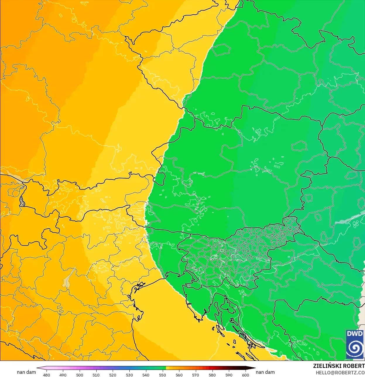 ICON Alemanha 2 km modelo - Áustria, Altura geopotencial a 500 hPa