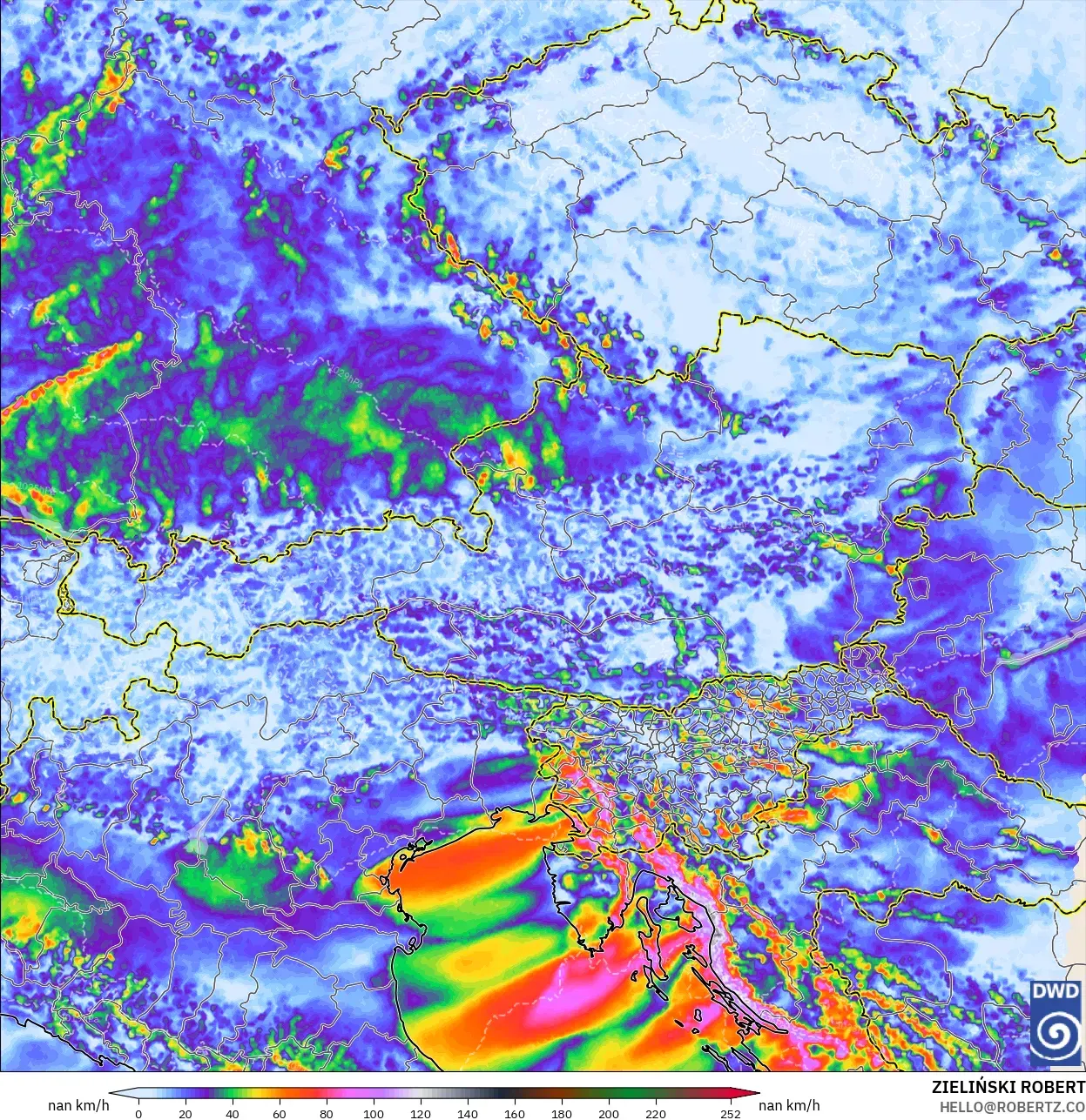 ICON Alemanha 2 km modelo - Áustria, Rajadas de Vento Máximas
