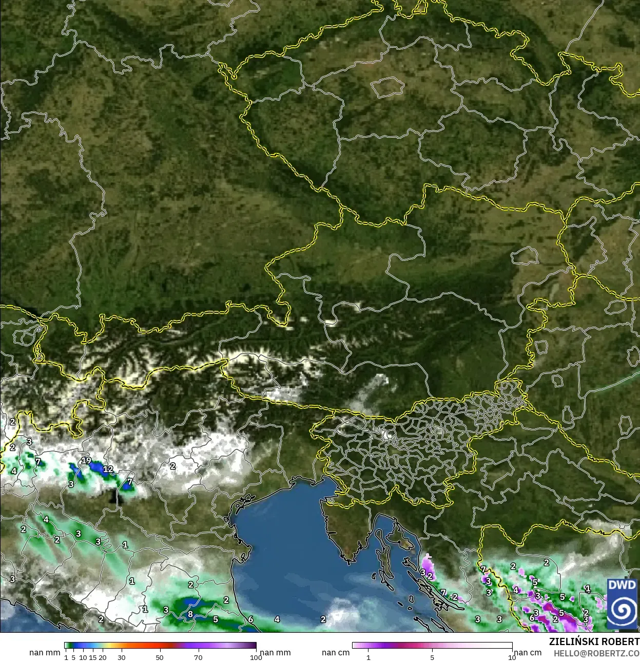 ICON Alemanha 2 km modelo - Áustria, Precipitação, nuvens e pressão