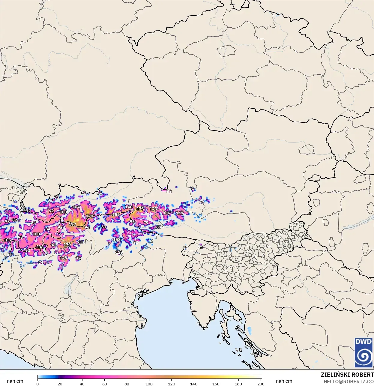 ICON Alemanha 2 km modelo - Áustria, Profundidade da neve