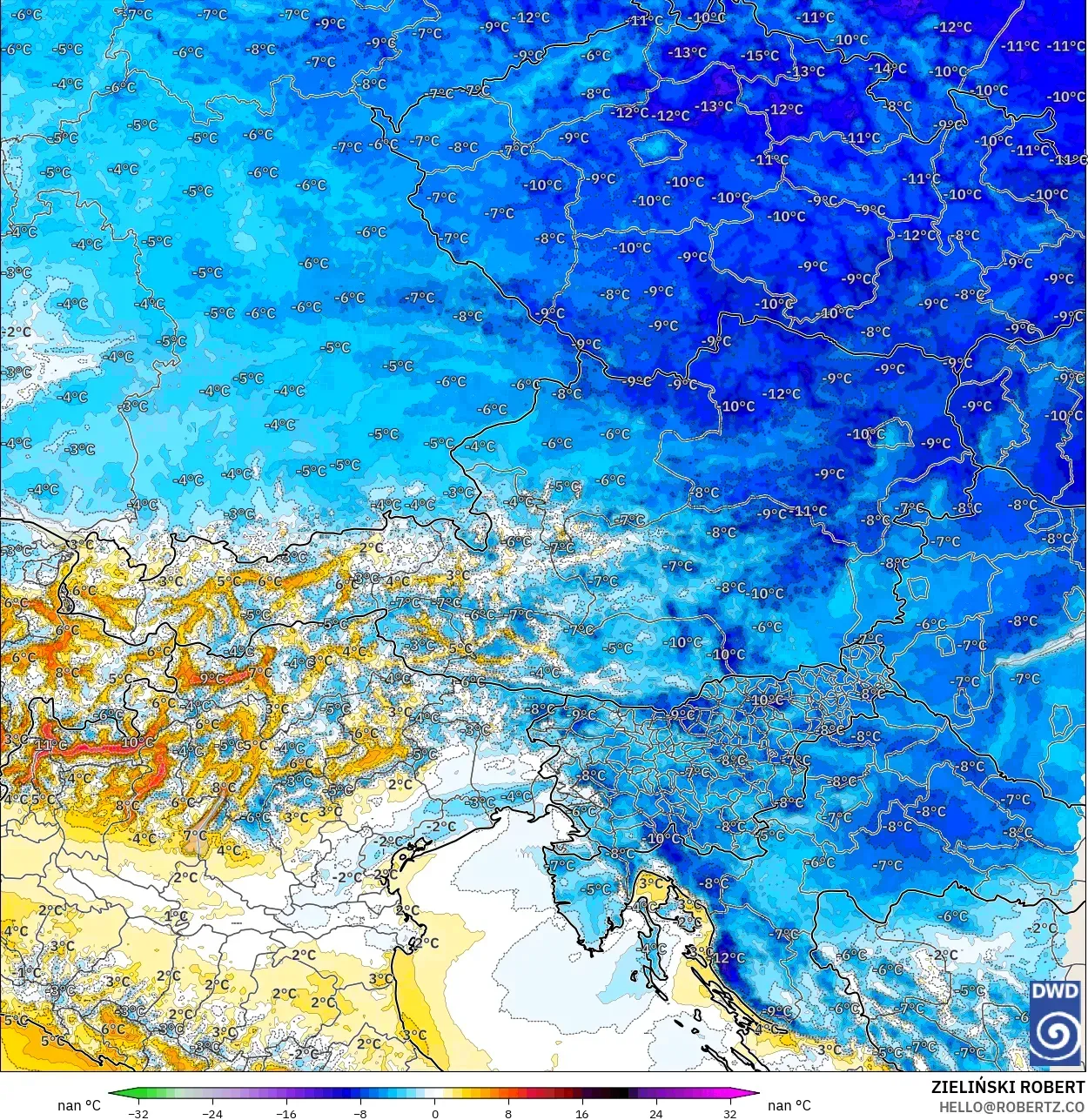 ICON Alemanha 2 km modelo - Áustria, Anomalia de temperatura a 2 m