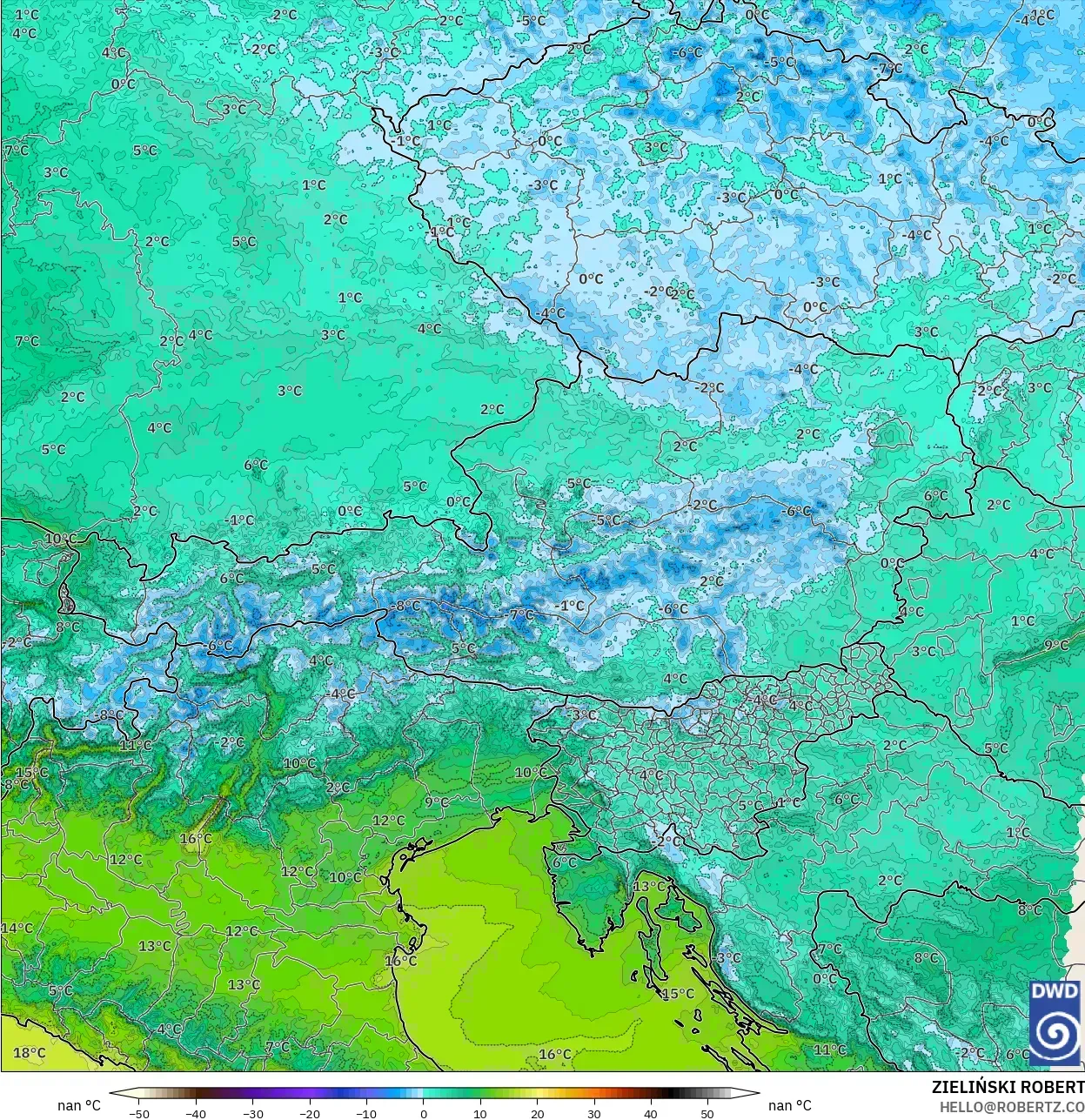 ICON Alemanha 2 km modelo - Áustria, Temperatura a 2 m