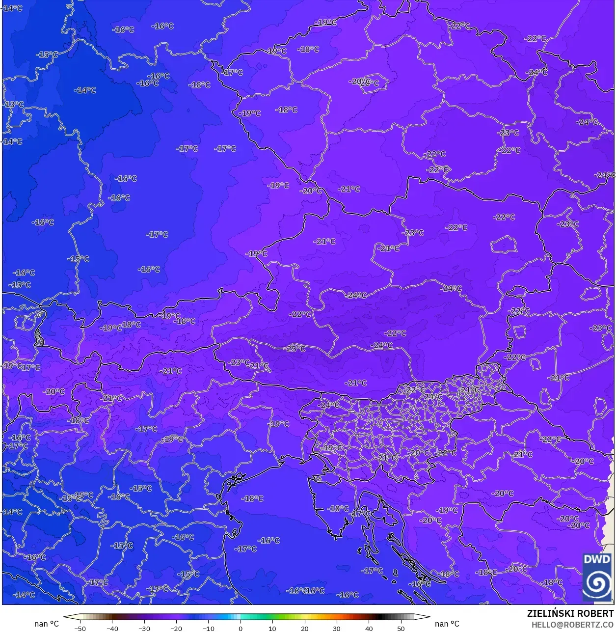 ICON Alemanha 2 km modelo - Áustria, Temperatura a 500 hPa