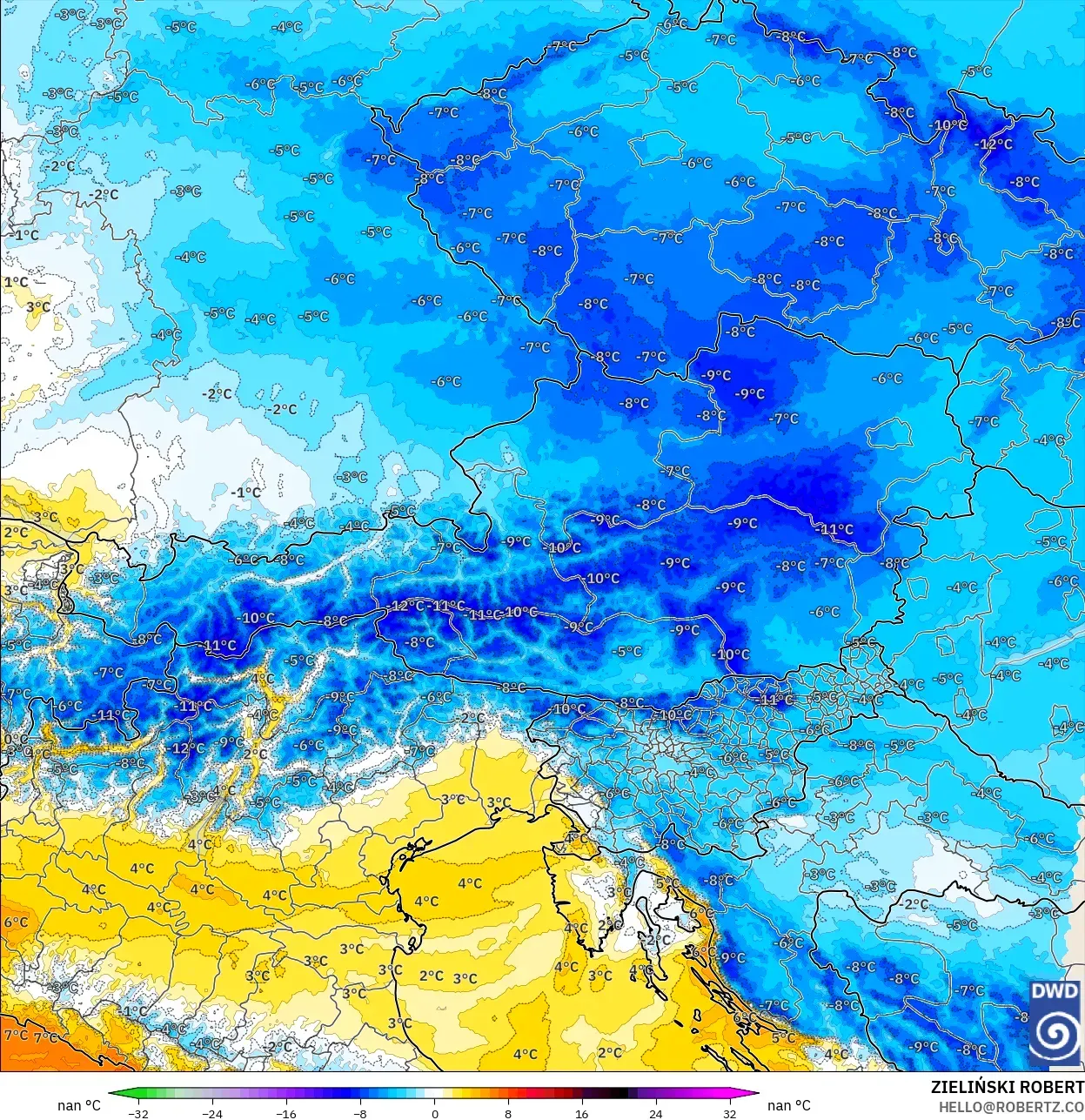 ICON Alemanha 2 km modelo - Áustria, Anomalia de temperatura a 850 hPa