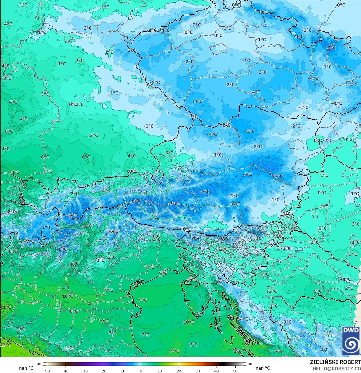 ICON Alemanha 2 km modelo - Áustria, Temperatura a 850 hPa