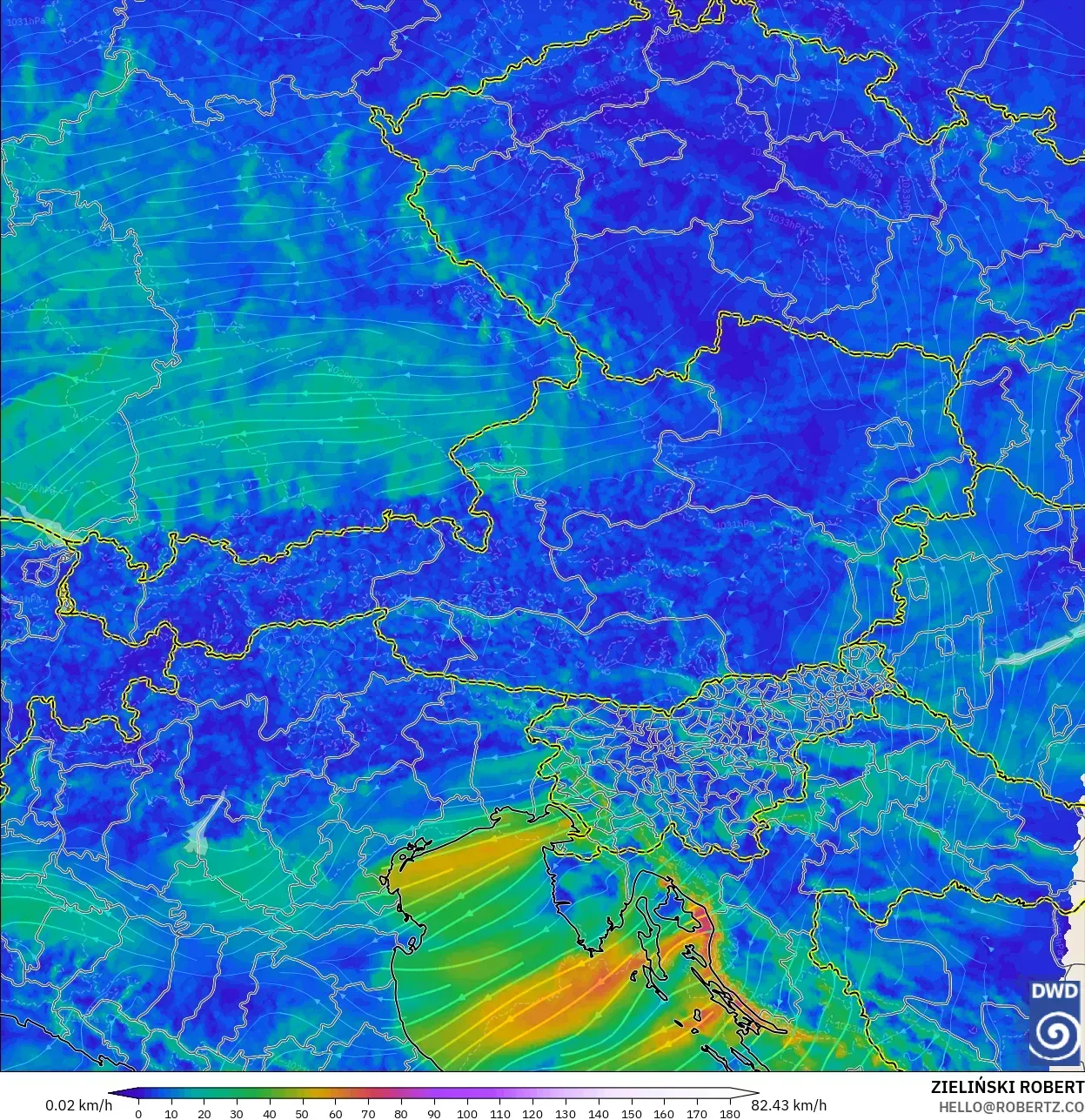 ICON Alemanha 2 km modelo - Áustria, Vento a 10 m