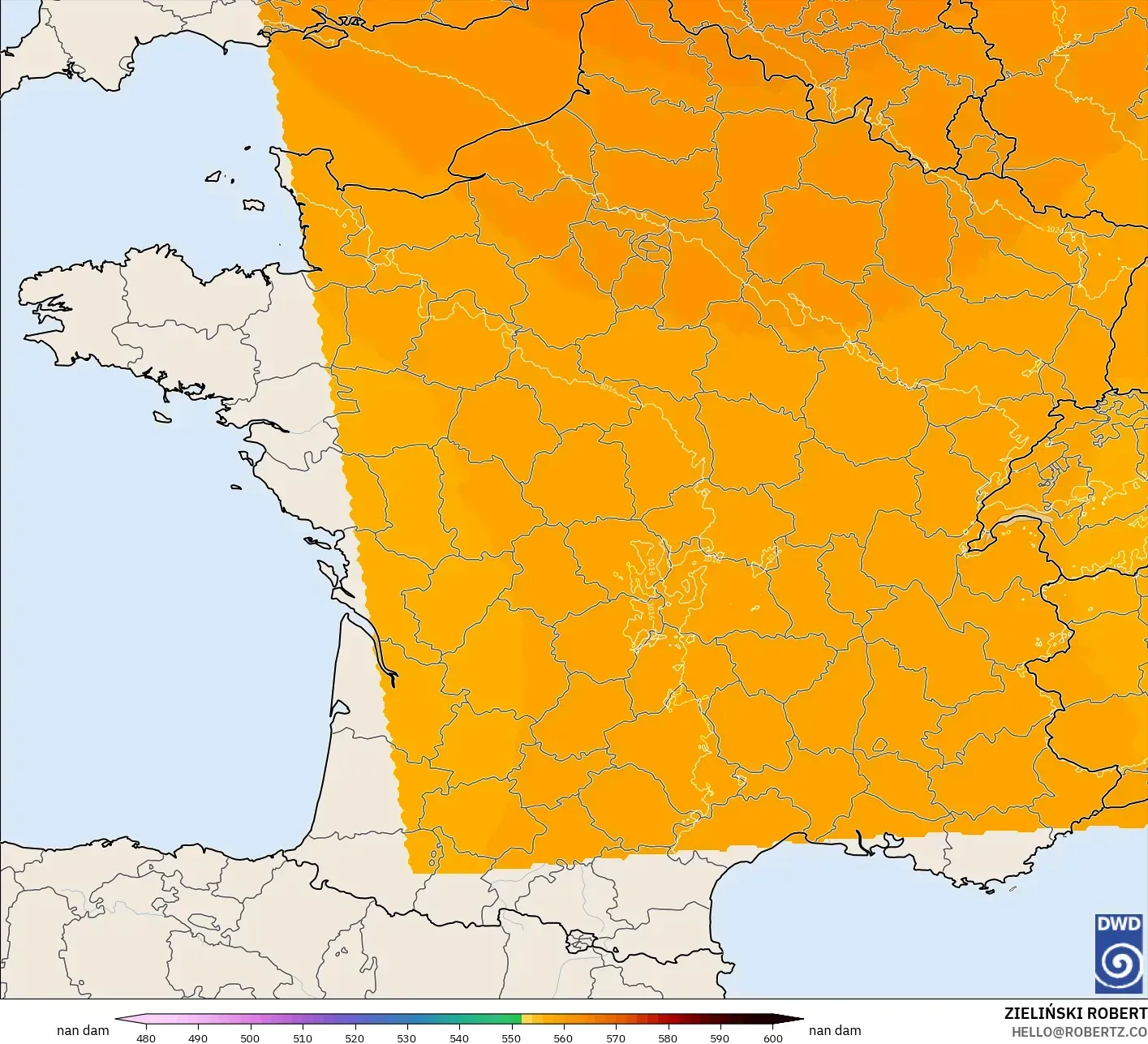 ICON Alemanha 2 km modelo - França, Altura geopotencial a 500 hPa