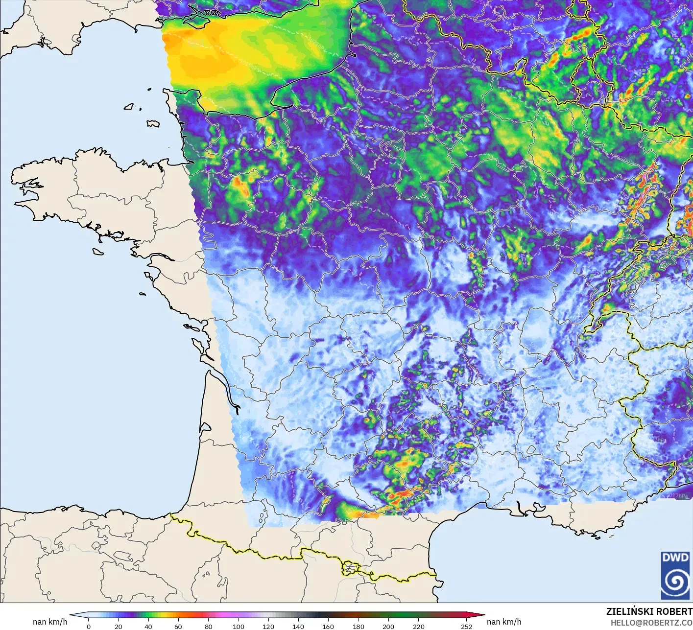 ICON Alemanha 2 km modelo - França, Rajadas de vento