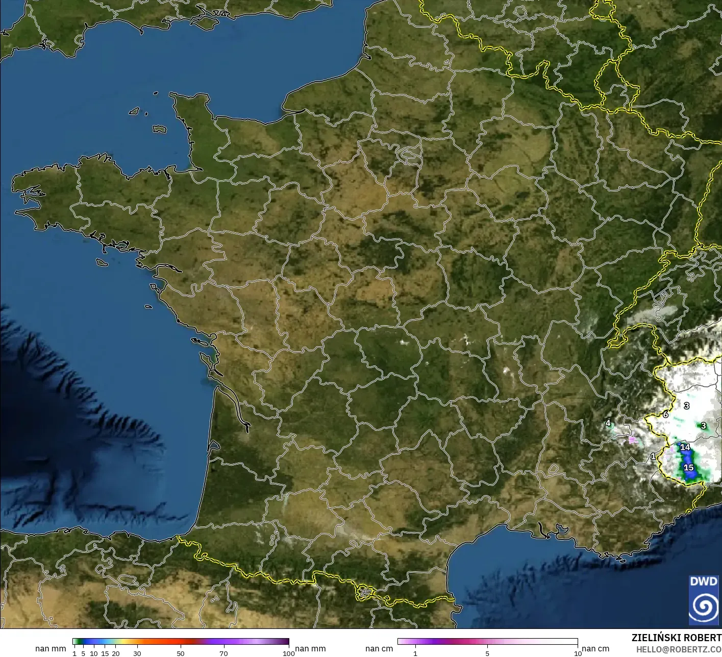 ICON Alemanha 2 km modelo - França, Precipitação, nuvens e pressão