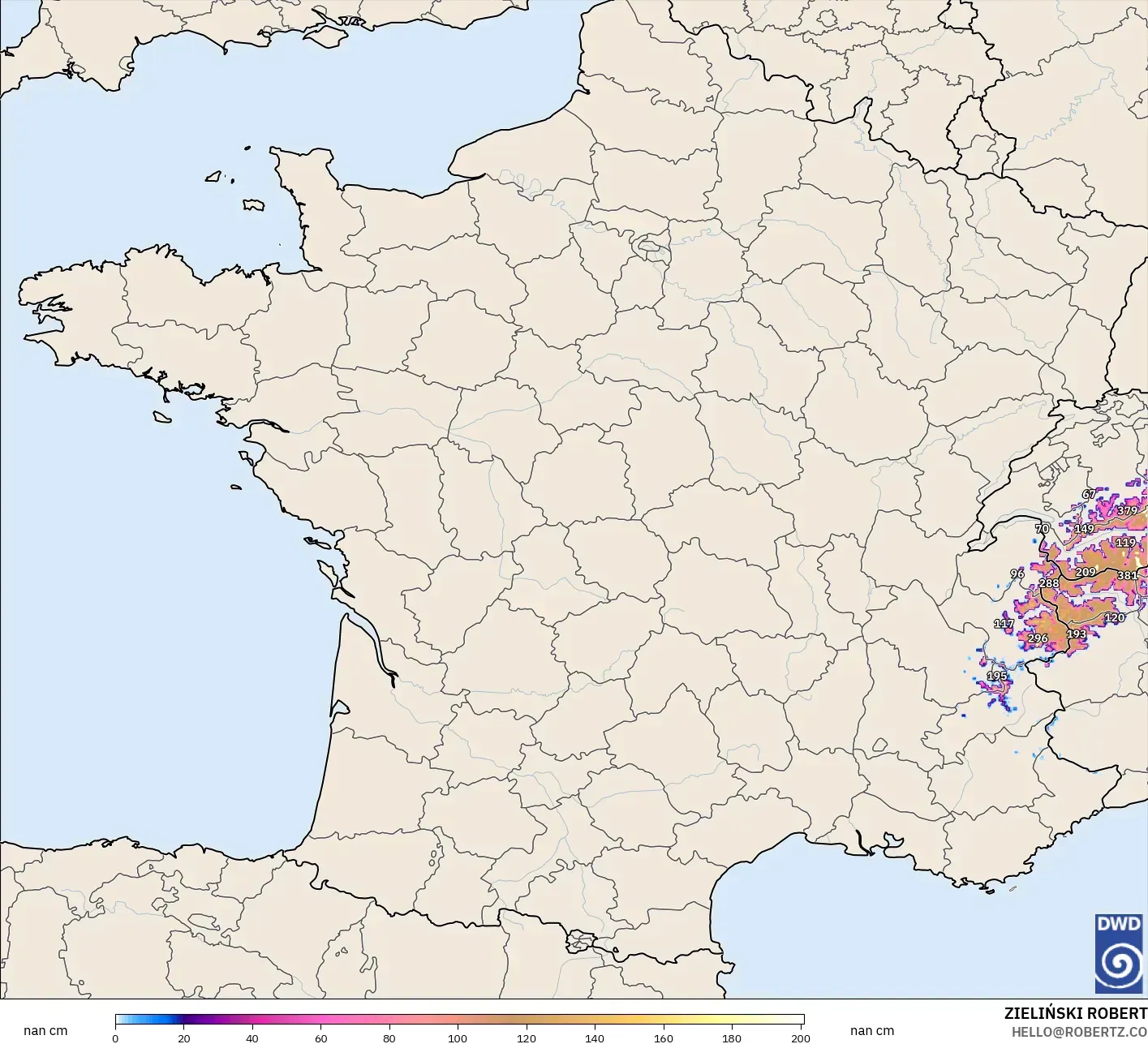 ICON Alemanha 2 km modelo - França, Profundidade da neve