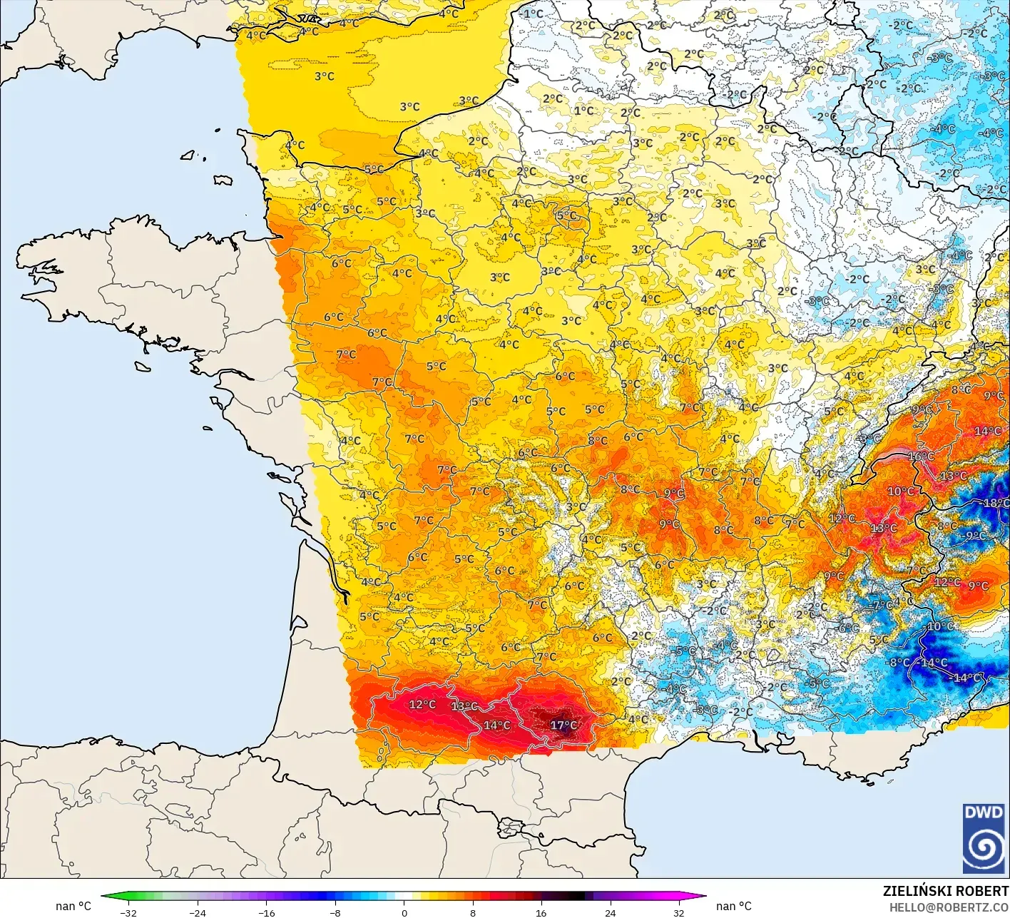 ICON Alemanha 2 km modelo - França, Anomalia de temperatura a 2 m