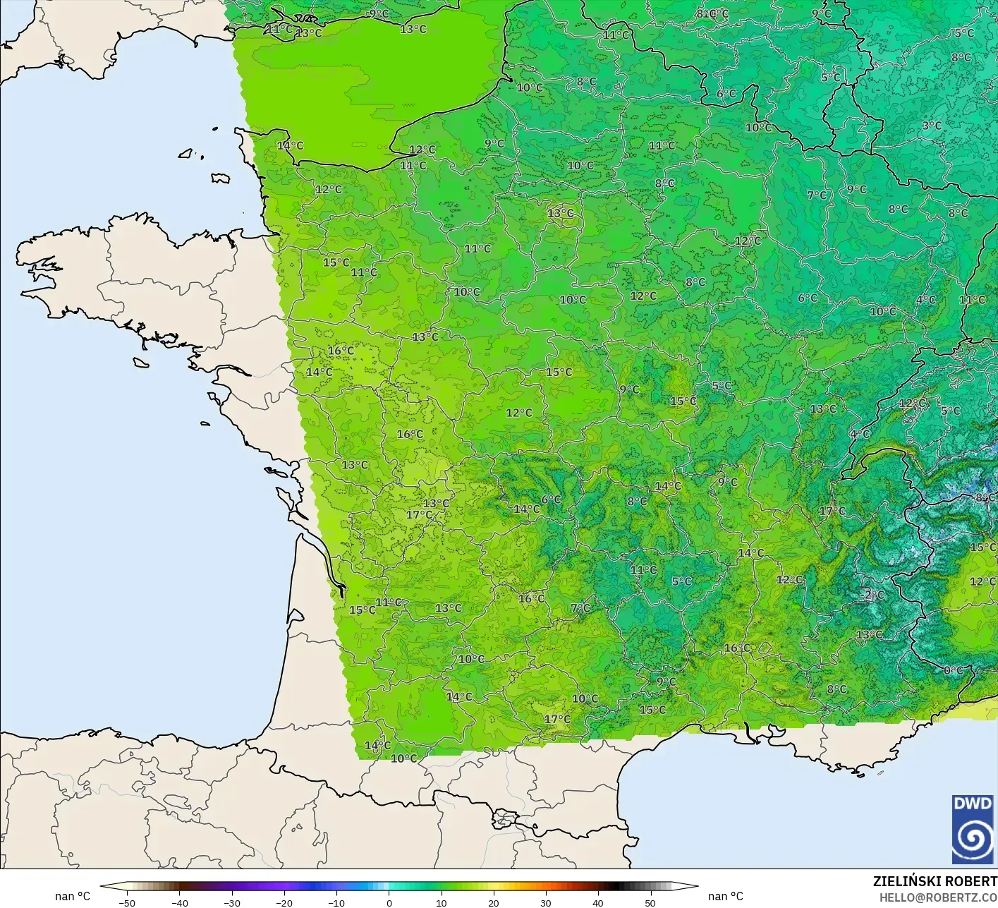 ICON Alemanha 2 km modelo - França, Temperatura a 2 m