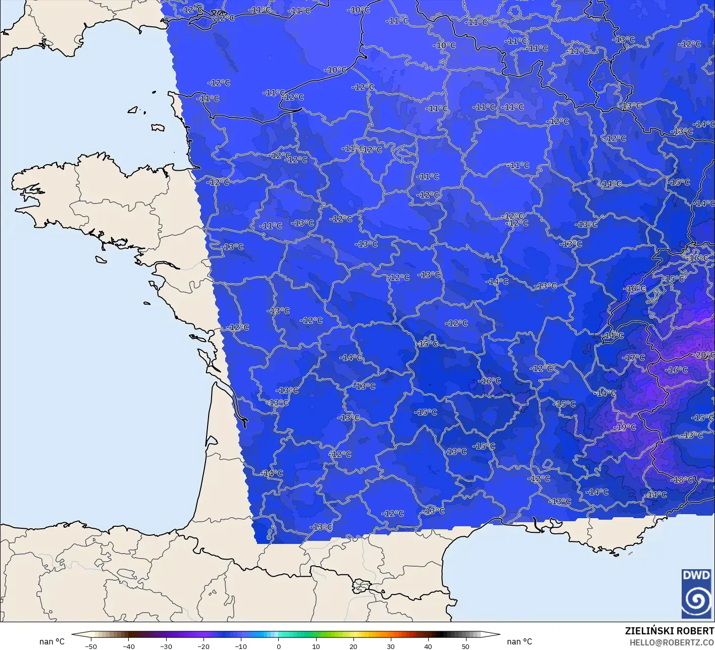 ICON Alemanha 2 km modelo - França, Temperatura a 500 hPa