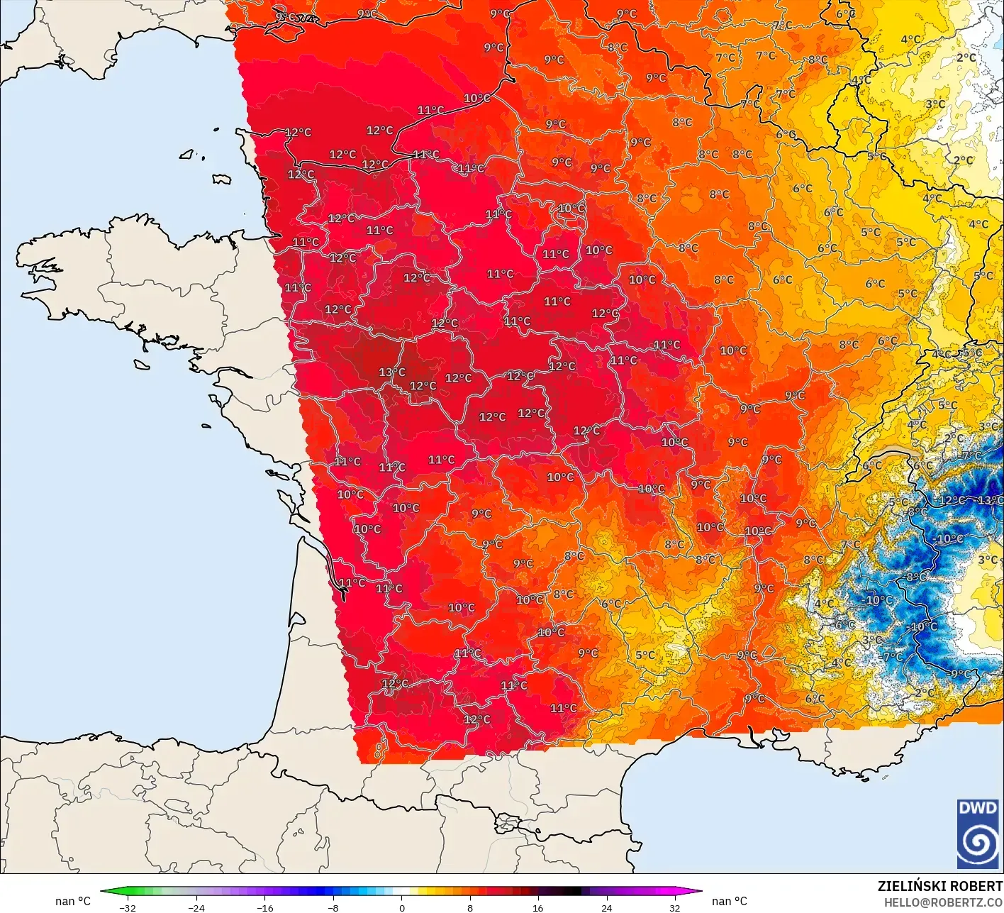 ICON Alemanha 2 km modelo - França, Anomalia de temperatura a 850 hPa