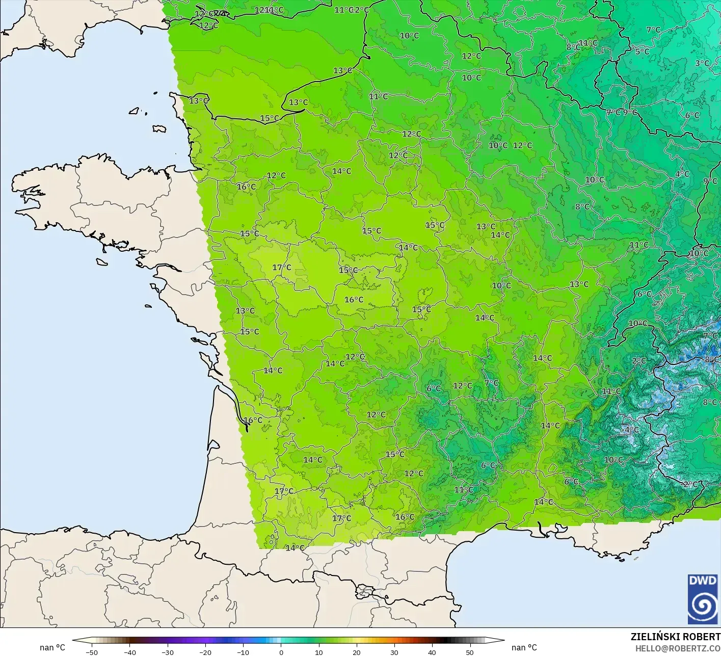 ICON Alemanha 2 km modelo - França, Temperatura a 850 hPa