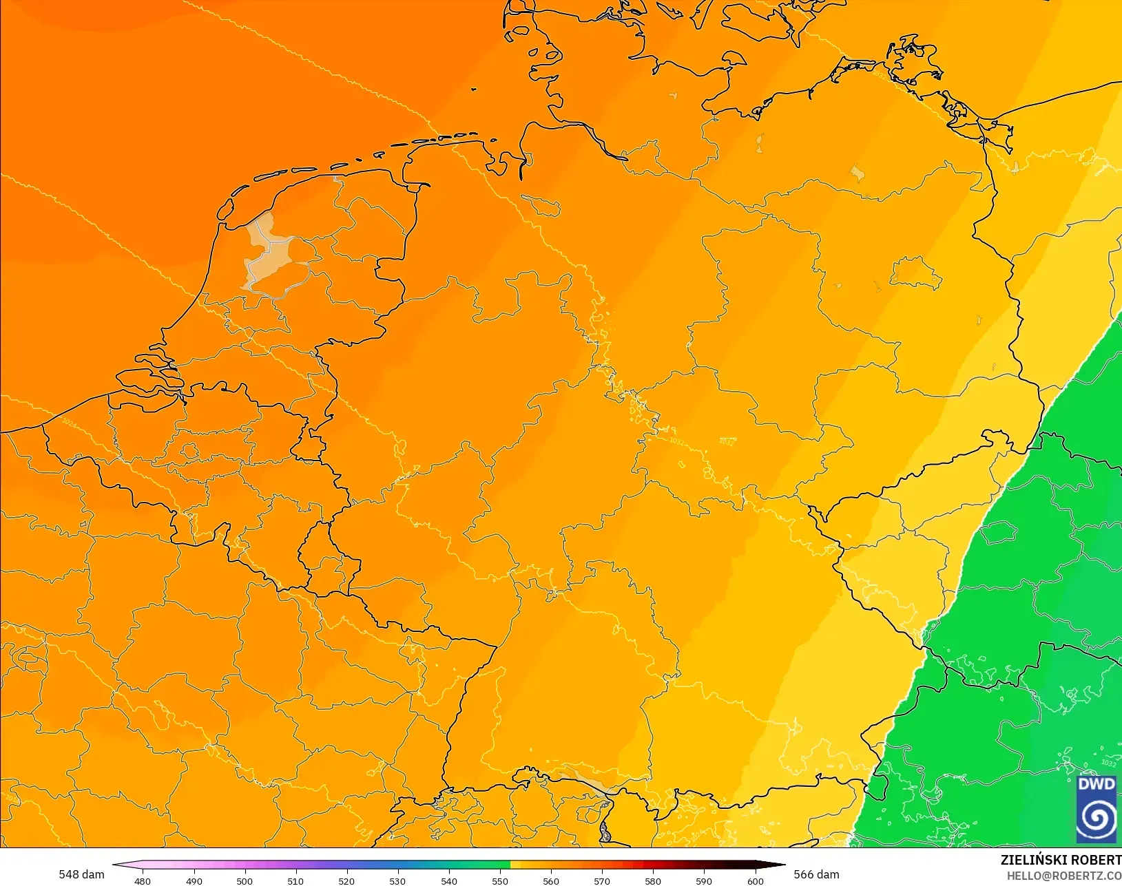 ICON Alemanha 2 km modelo - Alemanha, Altura geopotencial a 500 hPa