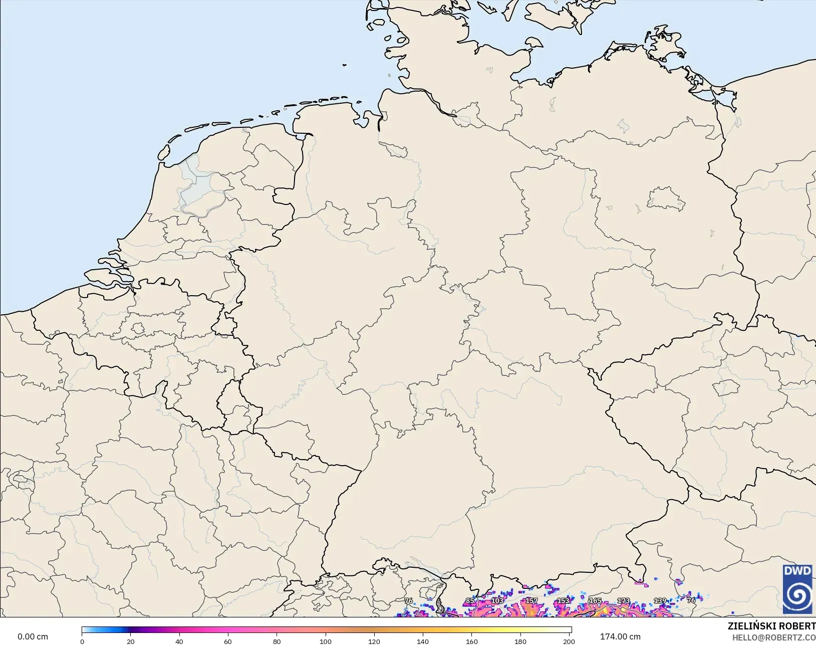 ICON Alemanha 2 km modelo - Alemanha, Profundidade da neve