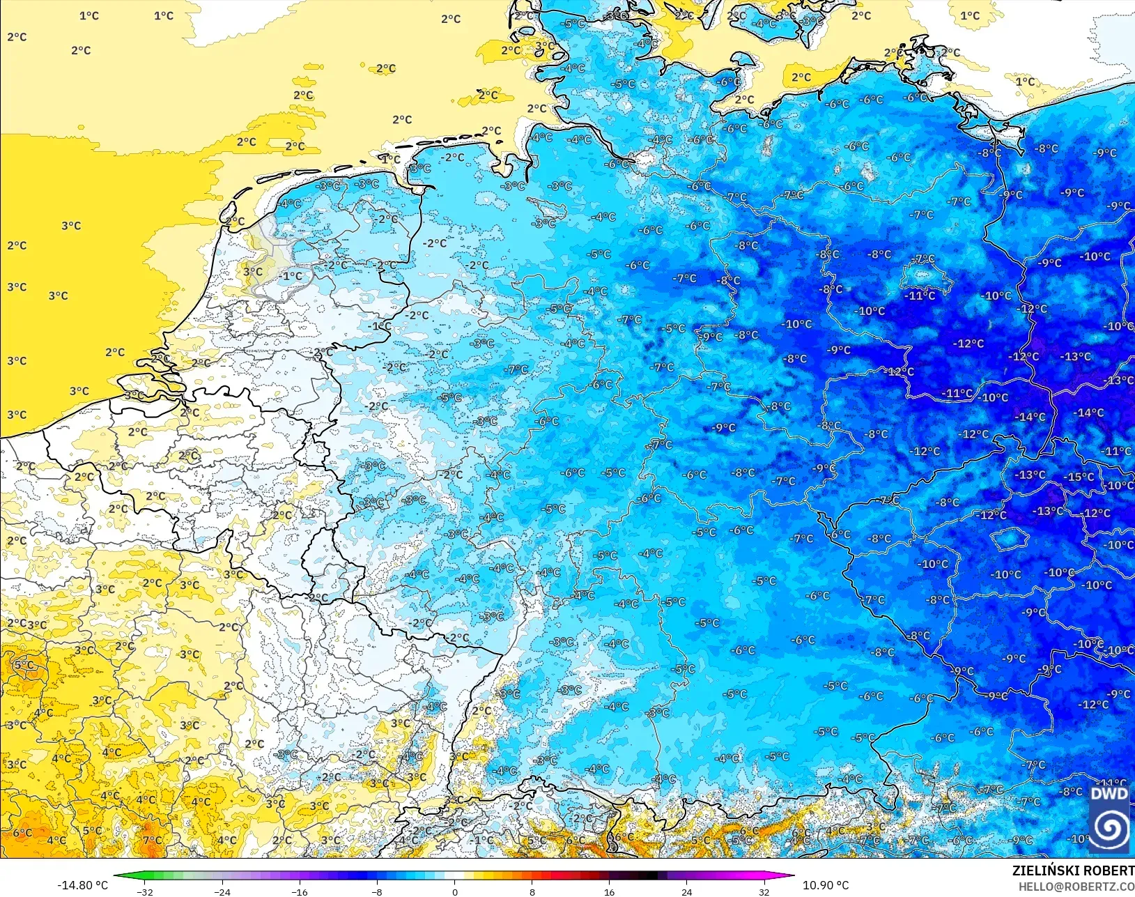 ICON Alemanha 2 km modelo - Alemanha, Anomalia de temperatura a 2 m
