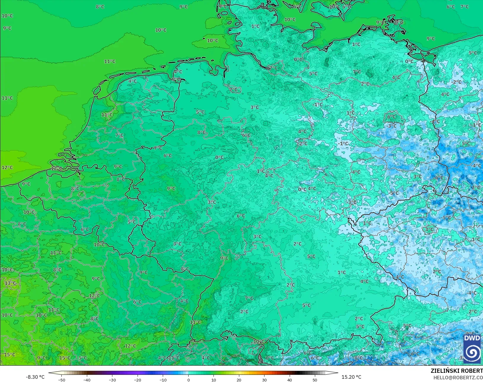 ICON Alemanha 2 km modelo - Alemanha, Temperatura a 2 m