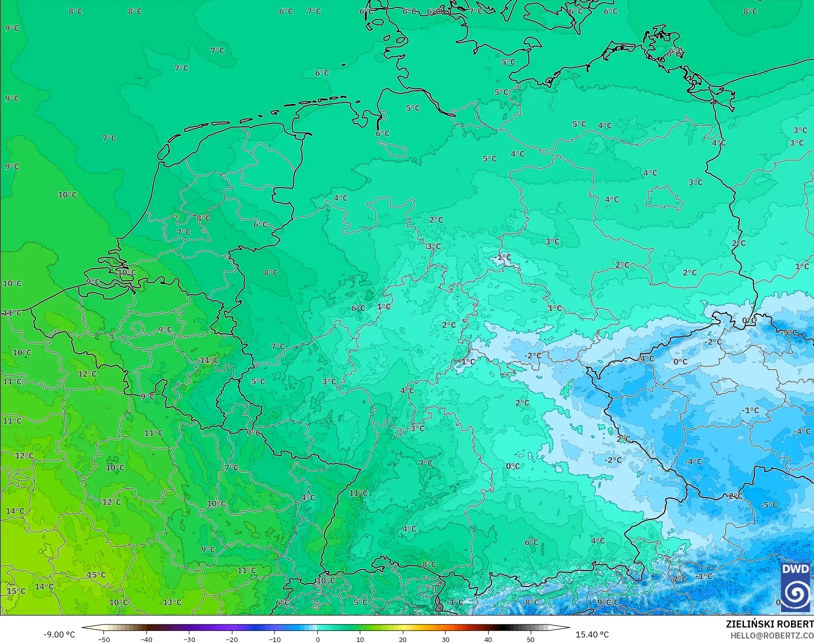 ICON Alemanha 2 km modelo - Alemanha, Temperatura a 850 hPa