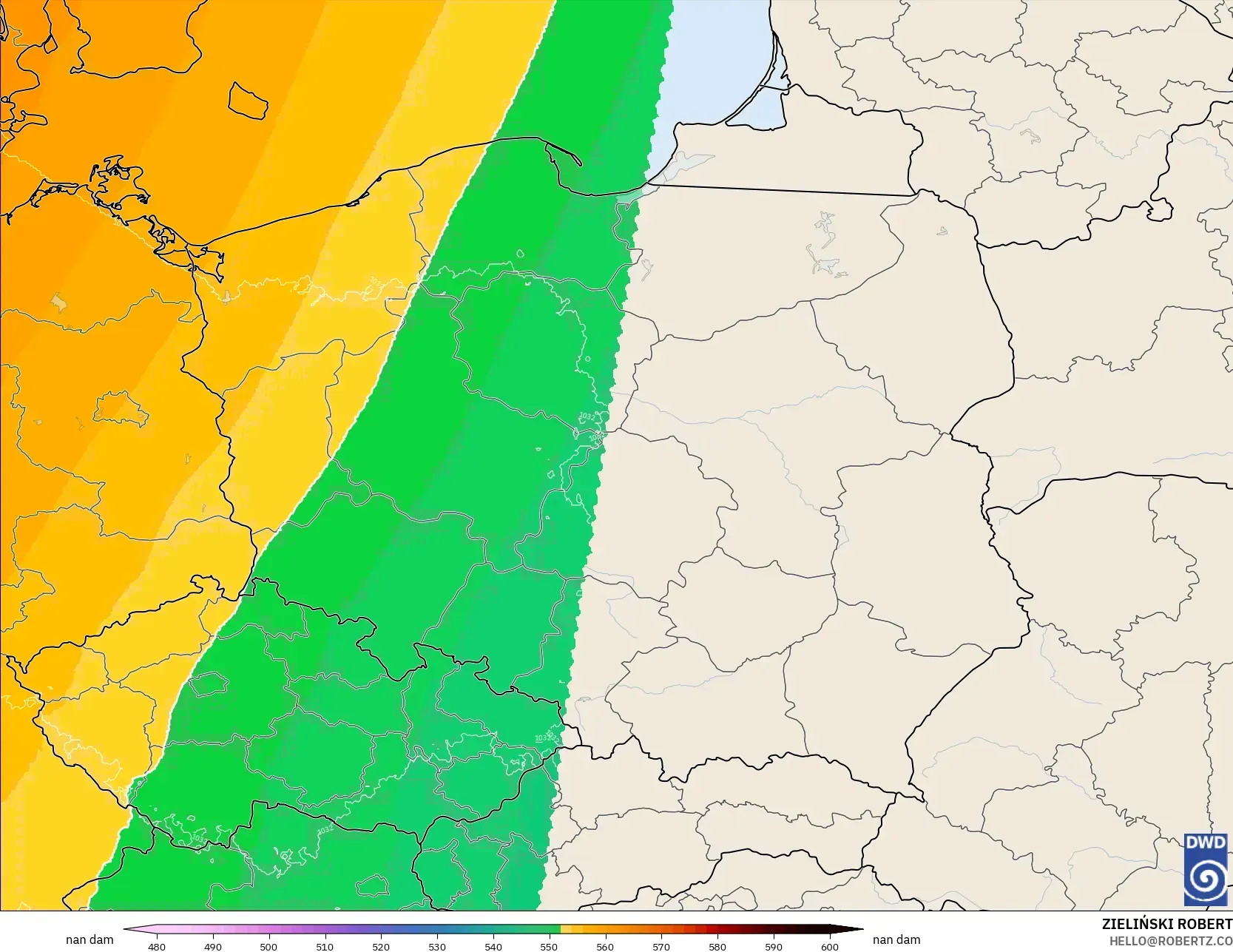 ICON Alemanha 2 km modelo - Polônia, Altura geopotencial a 500 hPa