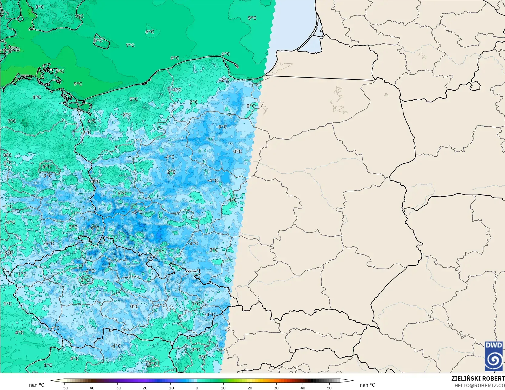 ICON Alemanha 2 km modelo - Polônia, Temperatura a 2 m