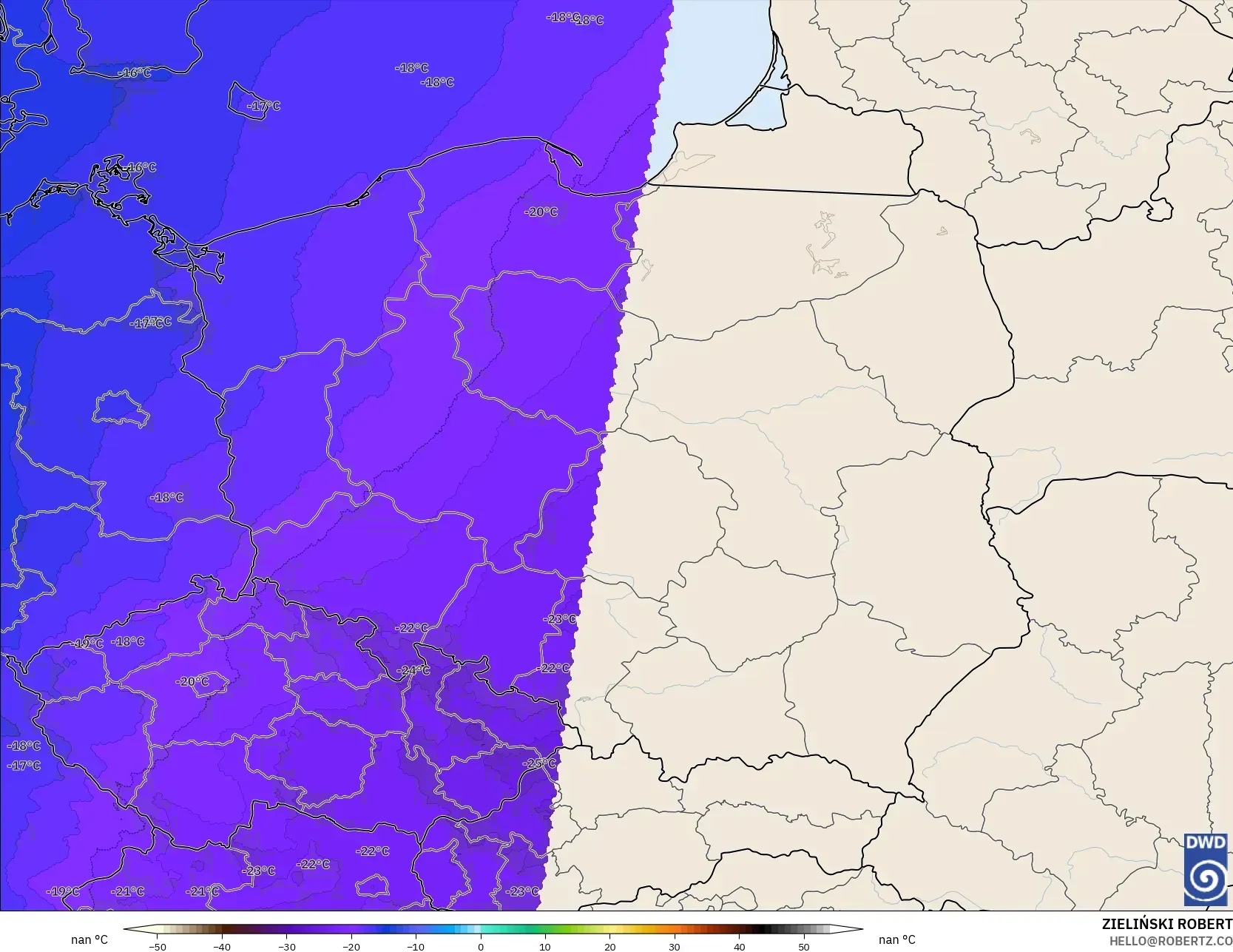 ICON Alemanha 2 km modelo - Polônia, Temperatura a 500 hPa
