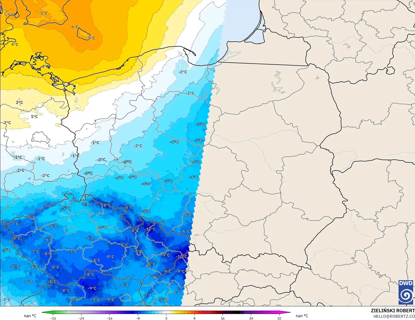ICON Alemanha 2 km modelo - Polônia, Anomalia de temperatura a 850 hPa