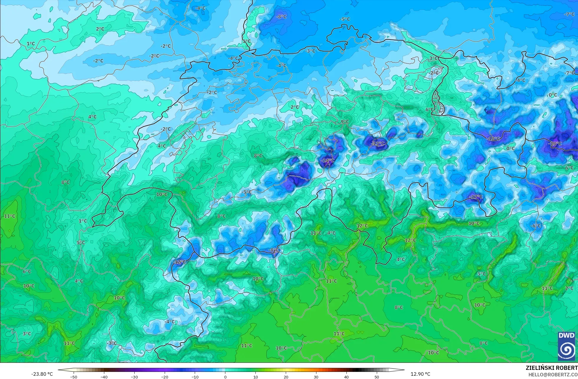 ICON Alemanha 2 km modelo - Suíça, Ponto de orvalho a 2 m