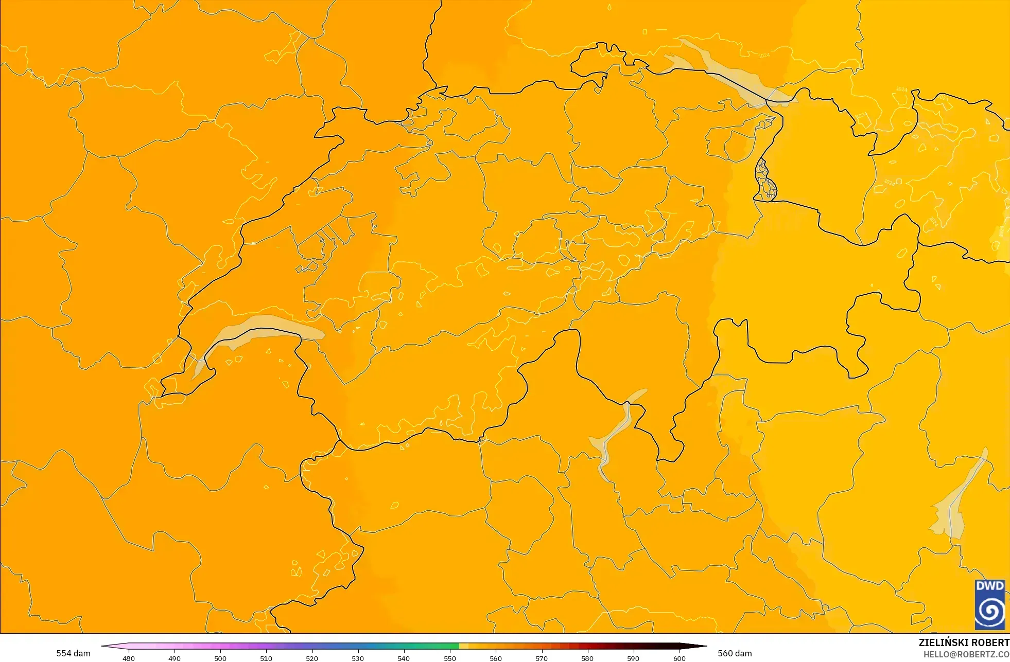 ICON Alemanha 2 km modelo - Suíça, Altura geopotencial a 500 hPa
