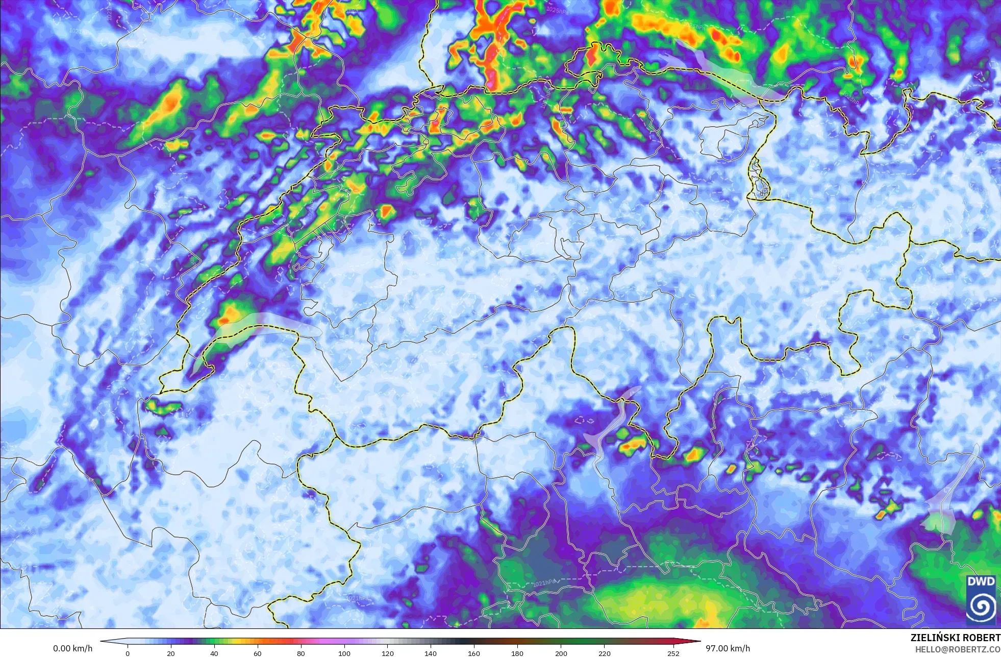 ICON Alemanha 2 km modelo - Suíça, Rajadas de Vento Máximas