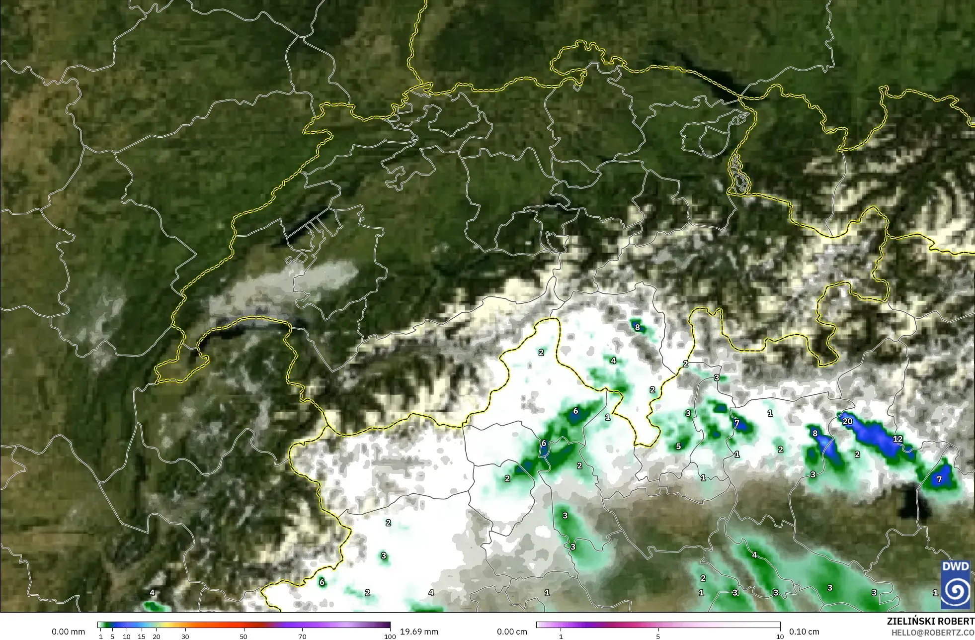ICON Alemanha 2 km modelo - Suíça, Precipitação, nuvens e pressão