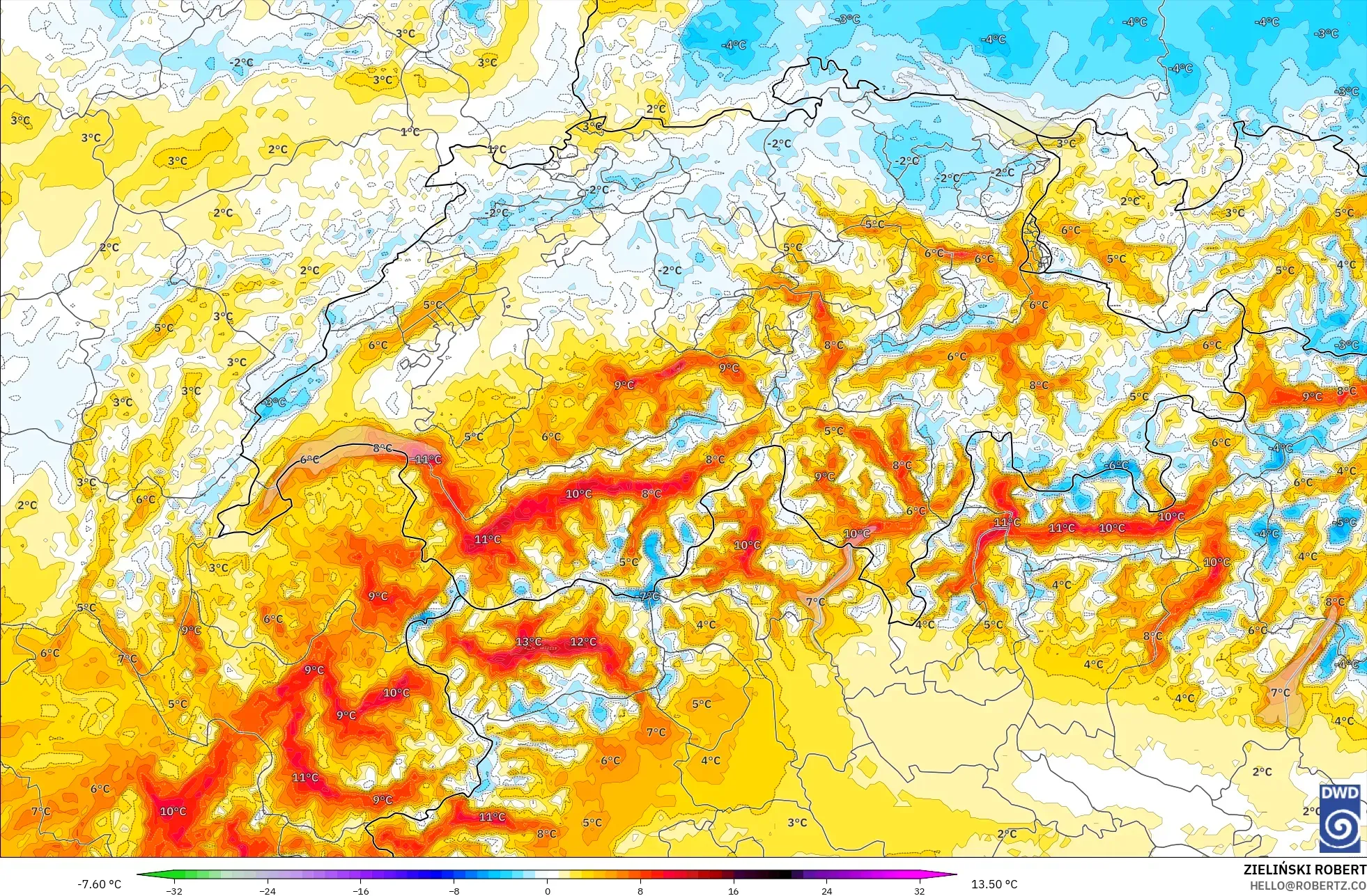 ICON Alemanha 2 km modelo - Suíça, Anomalia de temperatura a 2 m