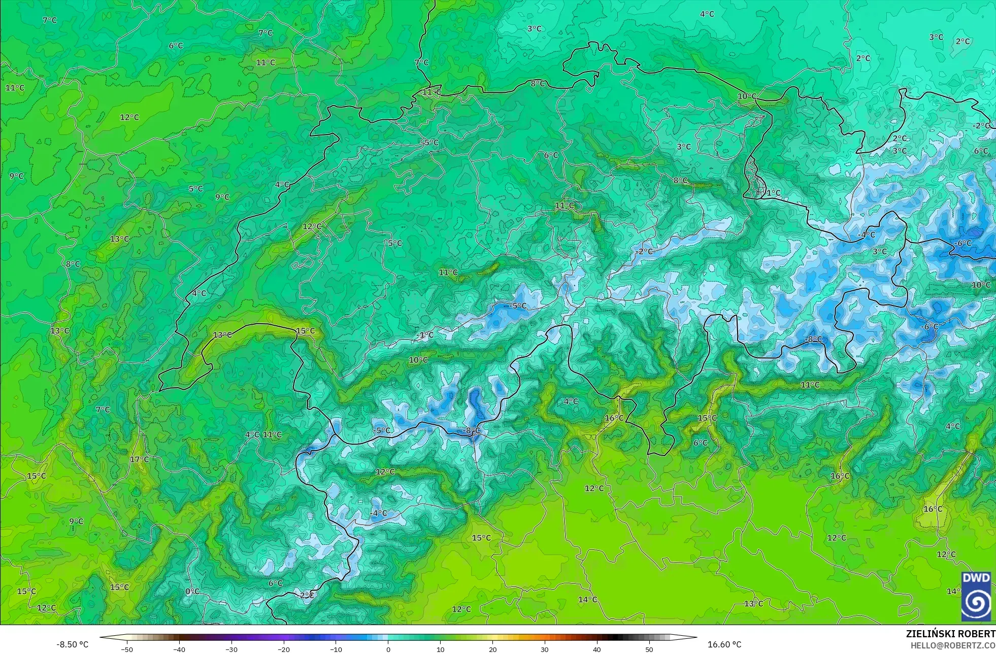 ICON Alemanha 2 km modelo - Suíça, Temperatura a 2 m