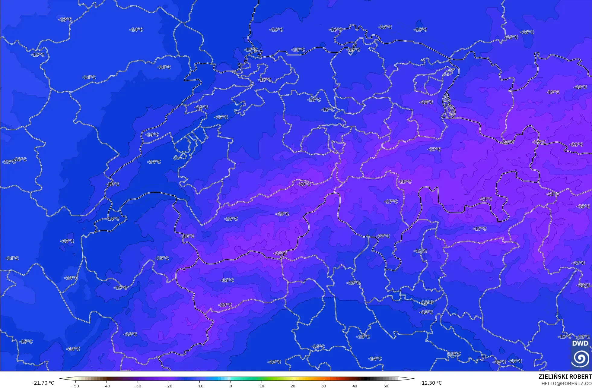 ICON Alemanha 2 km modelo - Suíça, Temperatura a 500 hPa