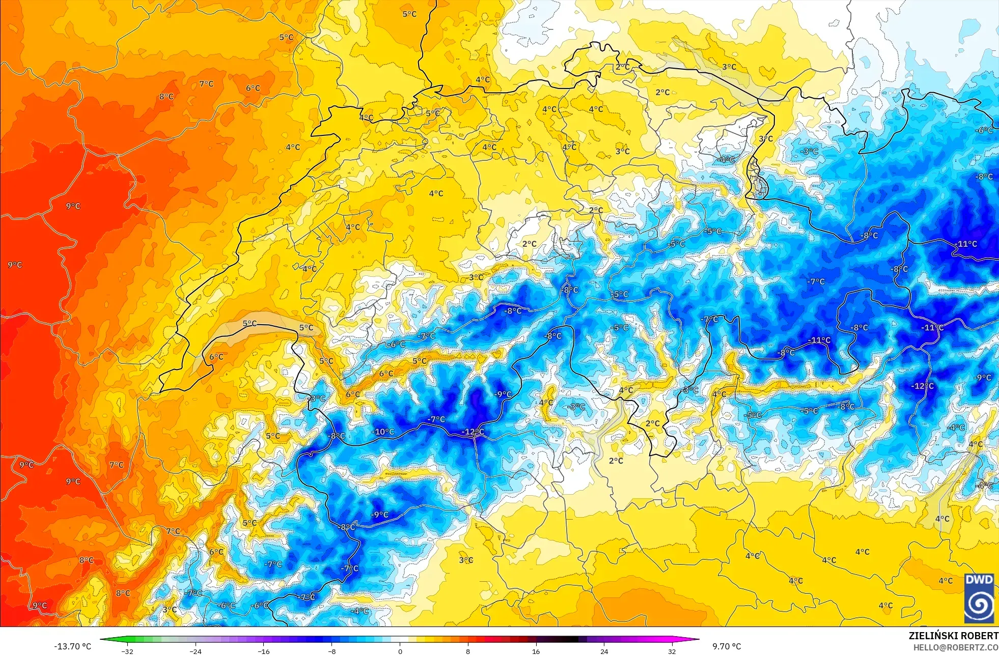 ICON Alemanha 2 km modelo - Suíça, Anomalia de temperatura a 850 hPa