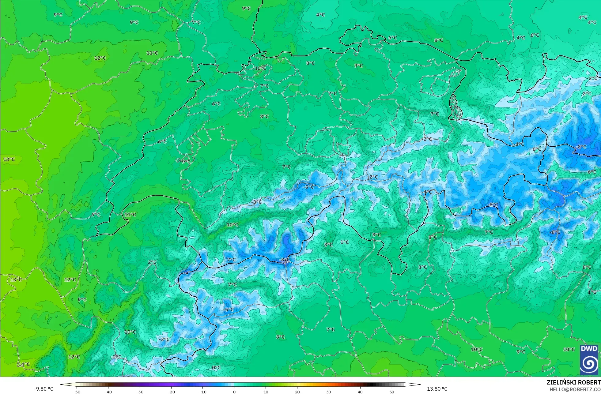 ICON Alemanha 2 km modelo - Suíça, Temperatura a 850 hPa