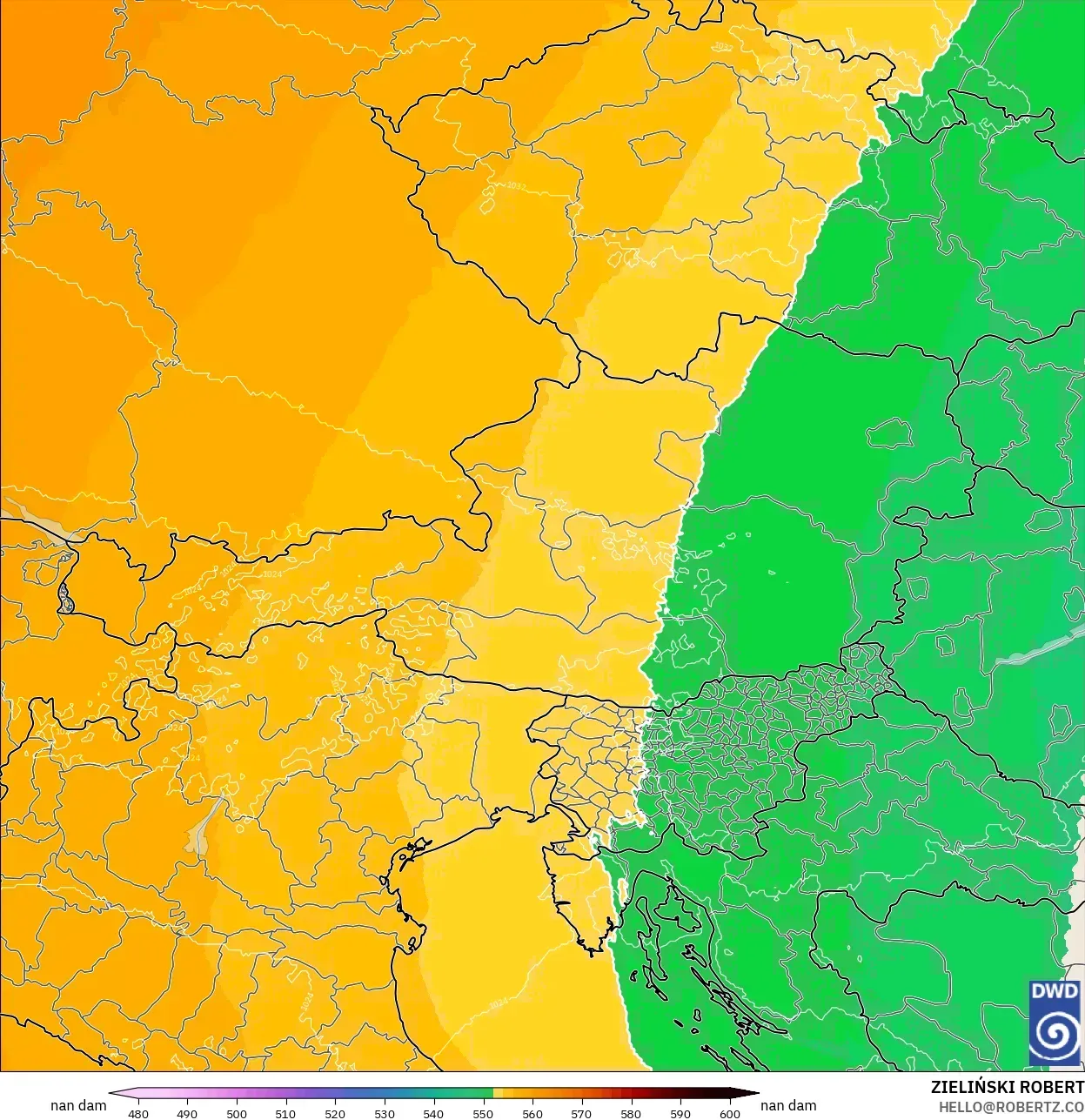 ICON Alemanha 2 km modelo - Áustria, Altura geopotencial a 500 hPa