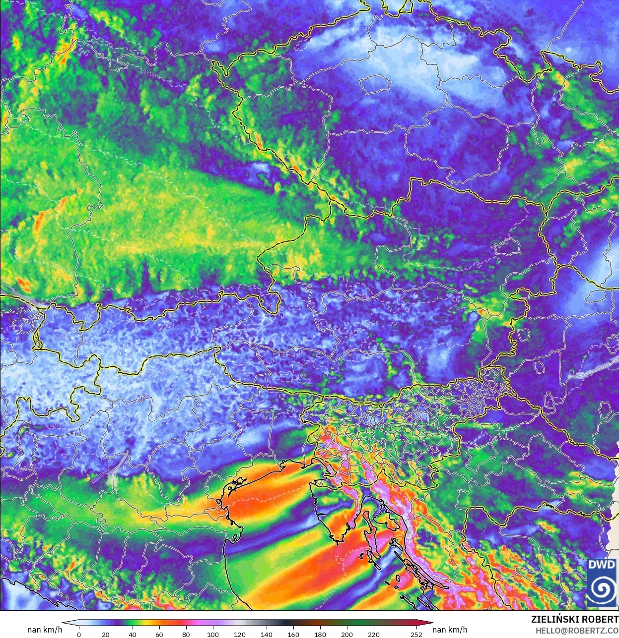 ICON Alemanha 2 km modelo - Áustria, Rajadas de Vento Máximas