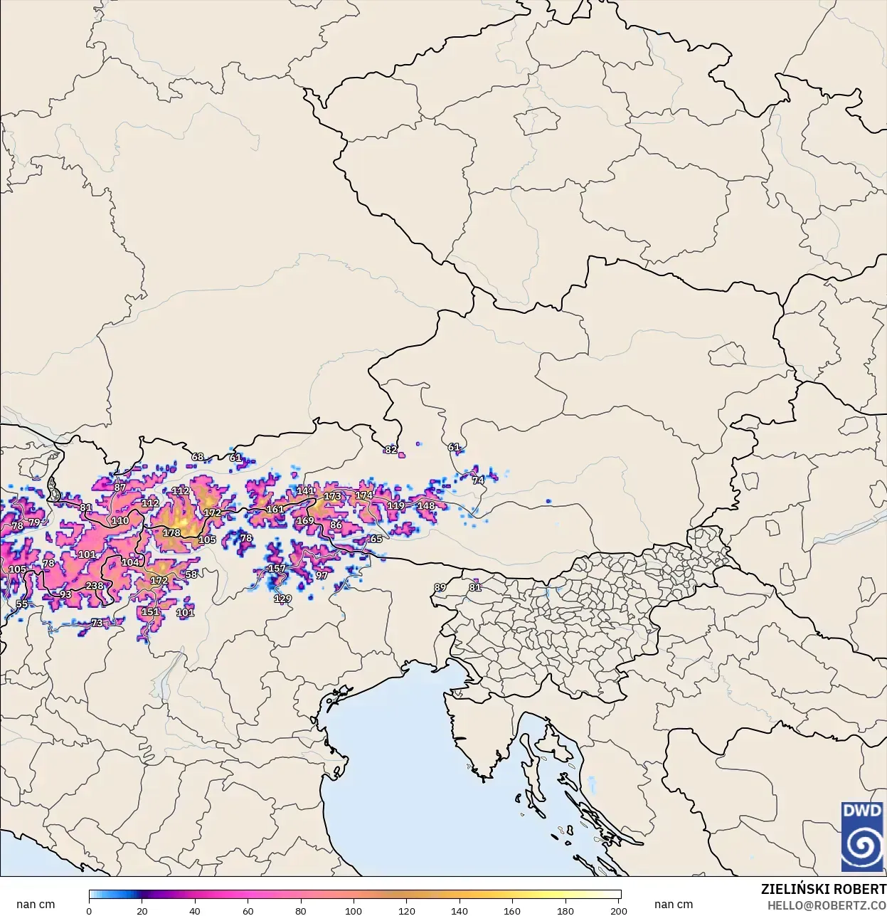 ICON Alemanha 2 km modelo - Áustria, Profundidade da neve