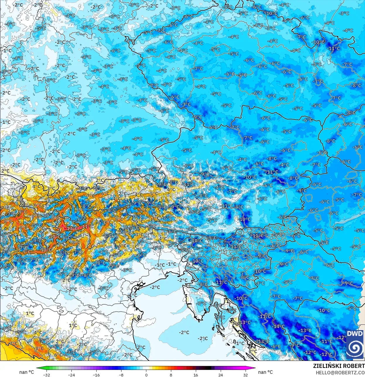 ICON Alemanha 2 km modelo - Áustria, Anomalia de temperatura a 2 m