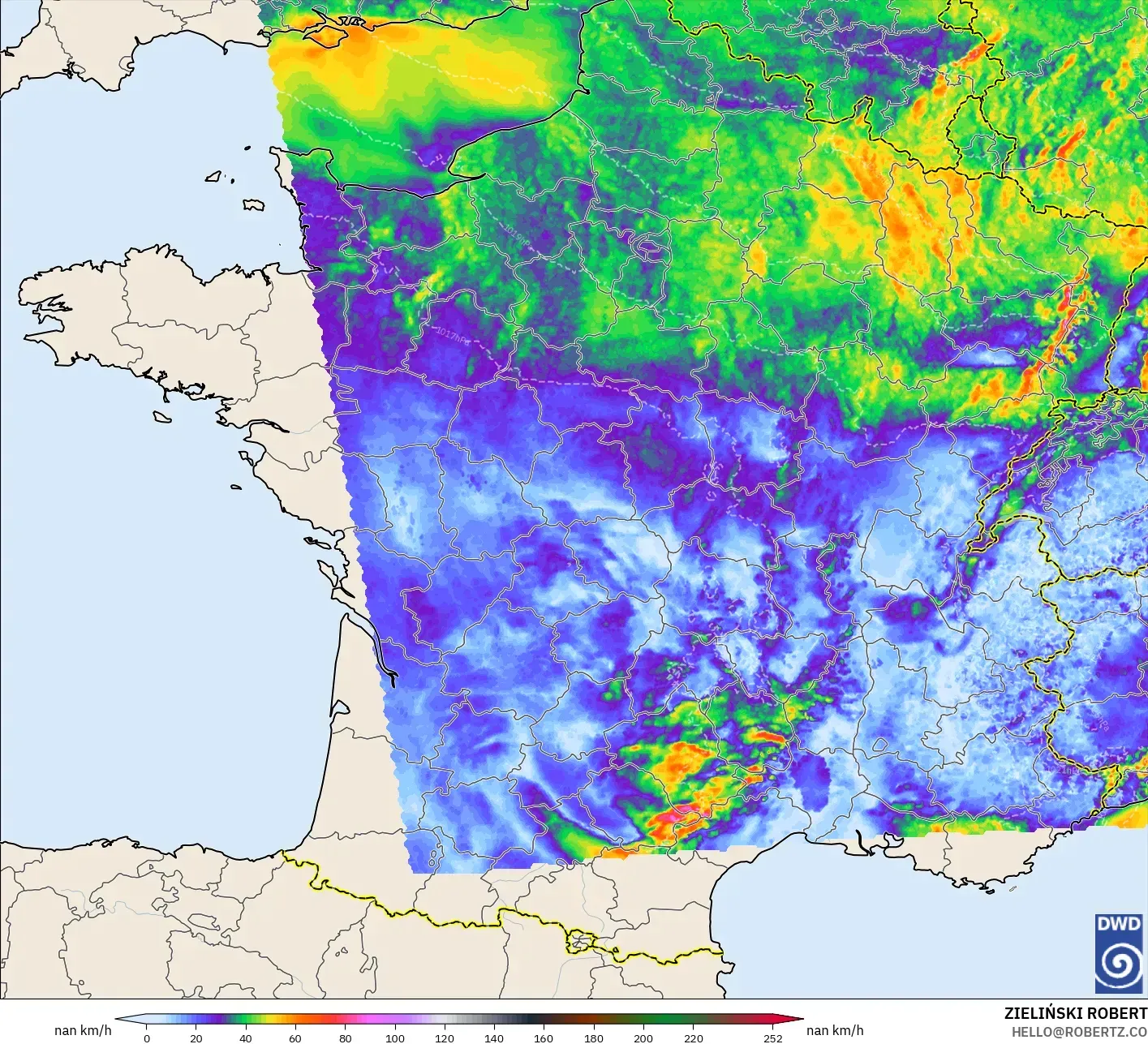 ICON Alemanha 2 km modelo - França, Rajadas de vento