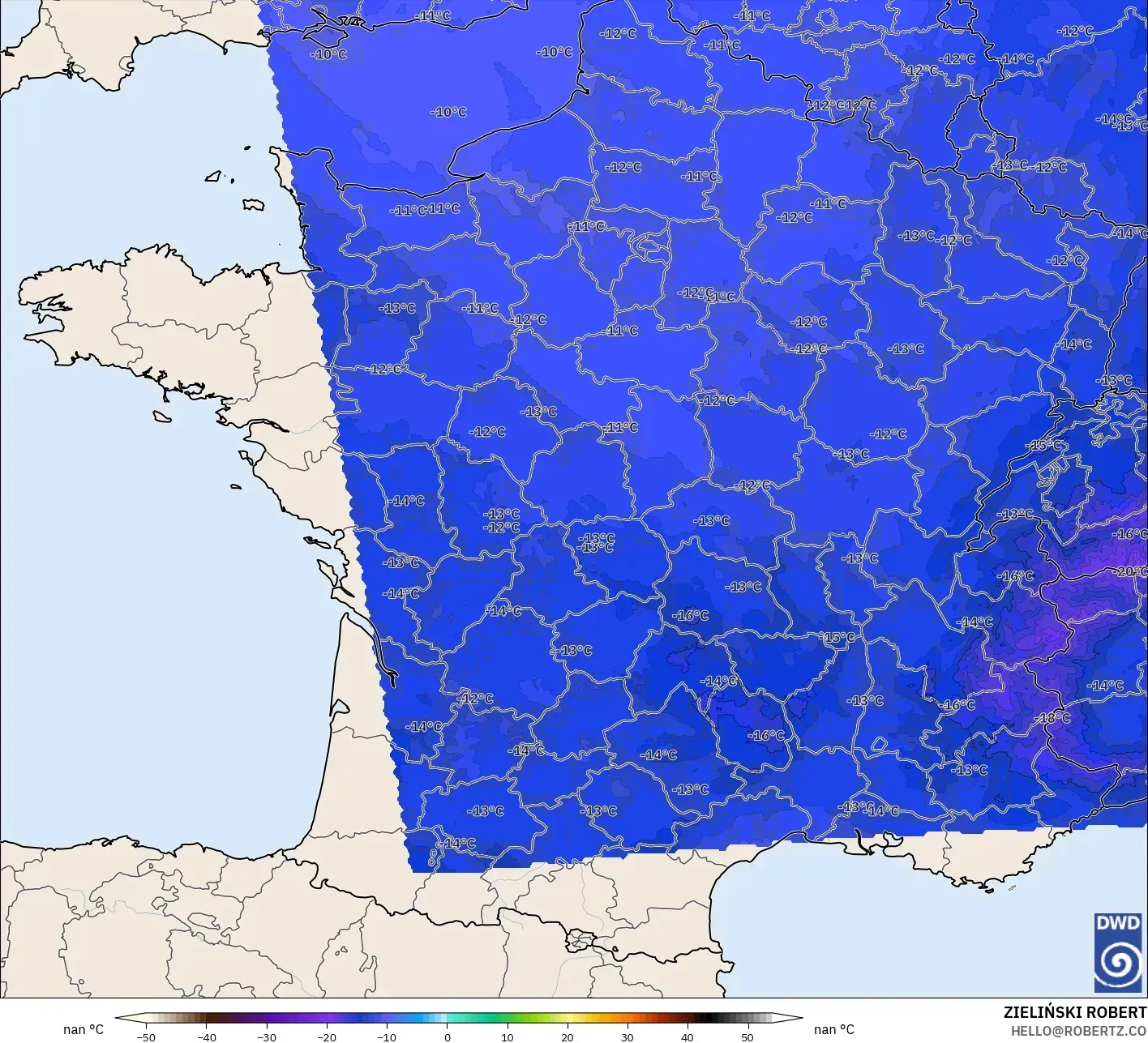 ICON Alemanha 2 km modelo - França, Temperatura a 500 hPa