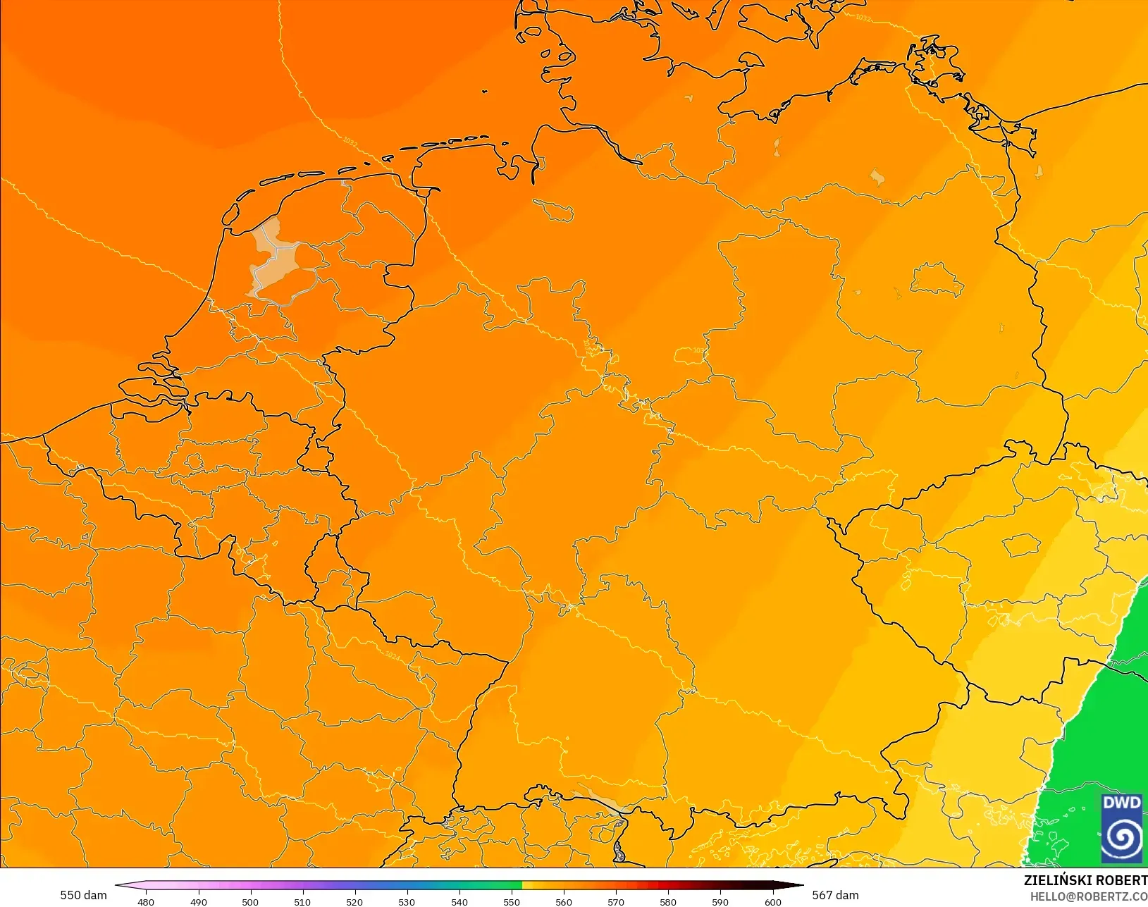 ICON Alemanha 2 km modelo - Alemanha, Altura geopotencial a 500 hPa
