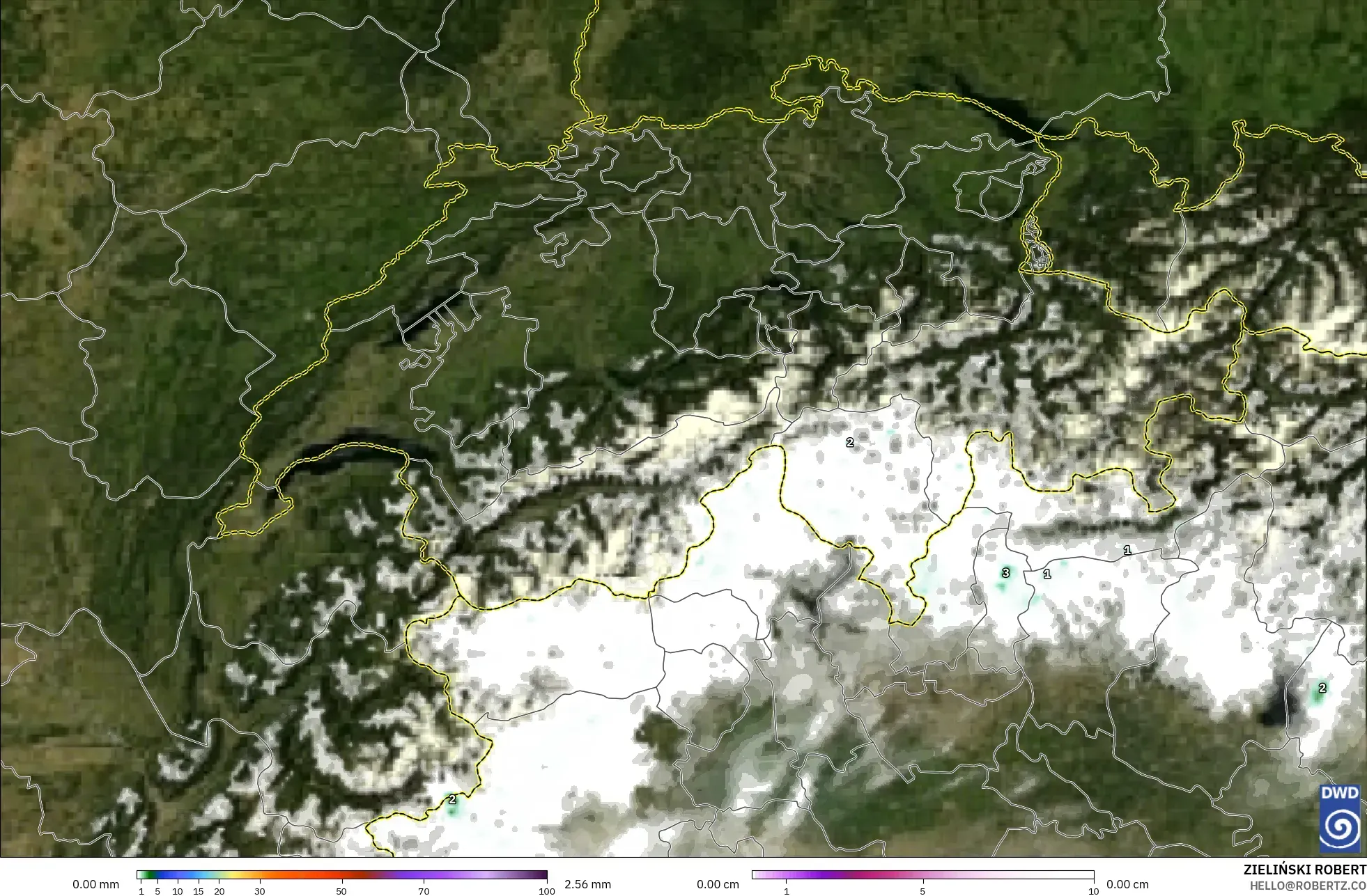 ICON Alemanha 2 km modelo - Suíça, Precipitação, nuvens e pressão