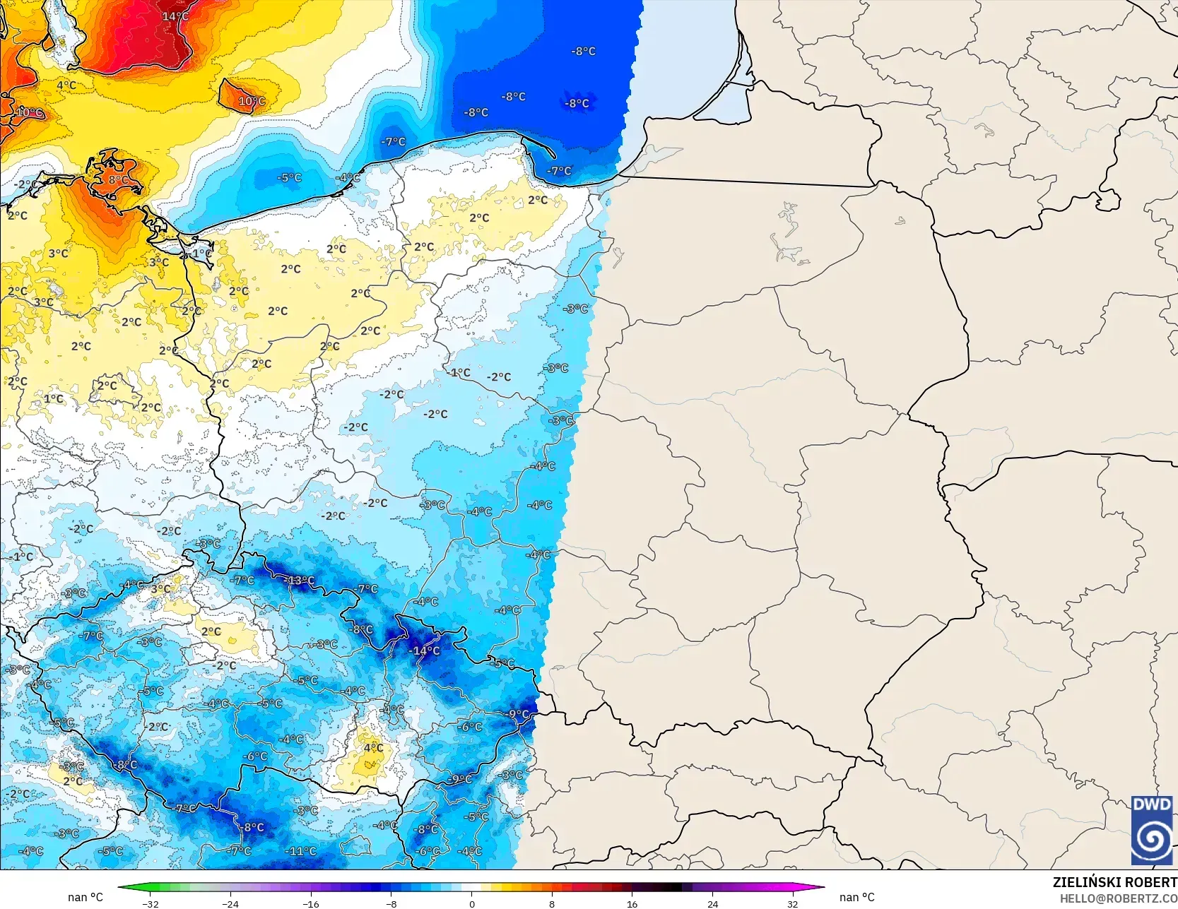 ICON Alemanha 2 km modelo - Polônia, Anomalia de temperatura a 2 m